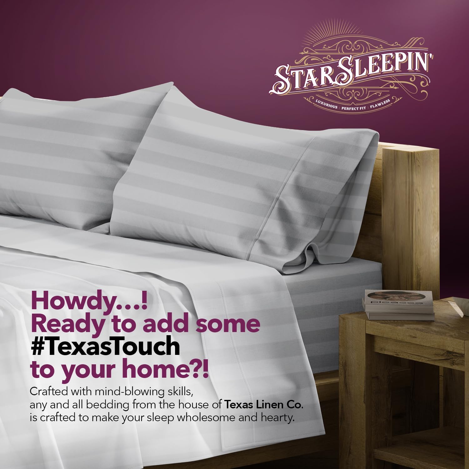 TEXAS LINEN CO. 100% Egyptian Cotton Queen Sheets Set - Luxury 1200 Series Star Sleepin' Damask Egyptian Cotton Sheets Queen Size (4 PC, Silver Stripe), 17' Deep Pocket, Cooling Sateen Hotel Bedding
