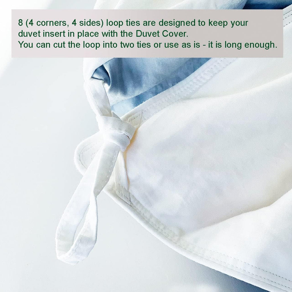 THE COTTON & SILK®️ 100% Luxury Long-Staple Cotton Duvet Cover Set - Soft & Breathable - Include 1 Duvet Cover with Corner Ties & Hidden Zipper, 2 Pillow Shams - White + Misty Blue, Queen Size