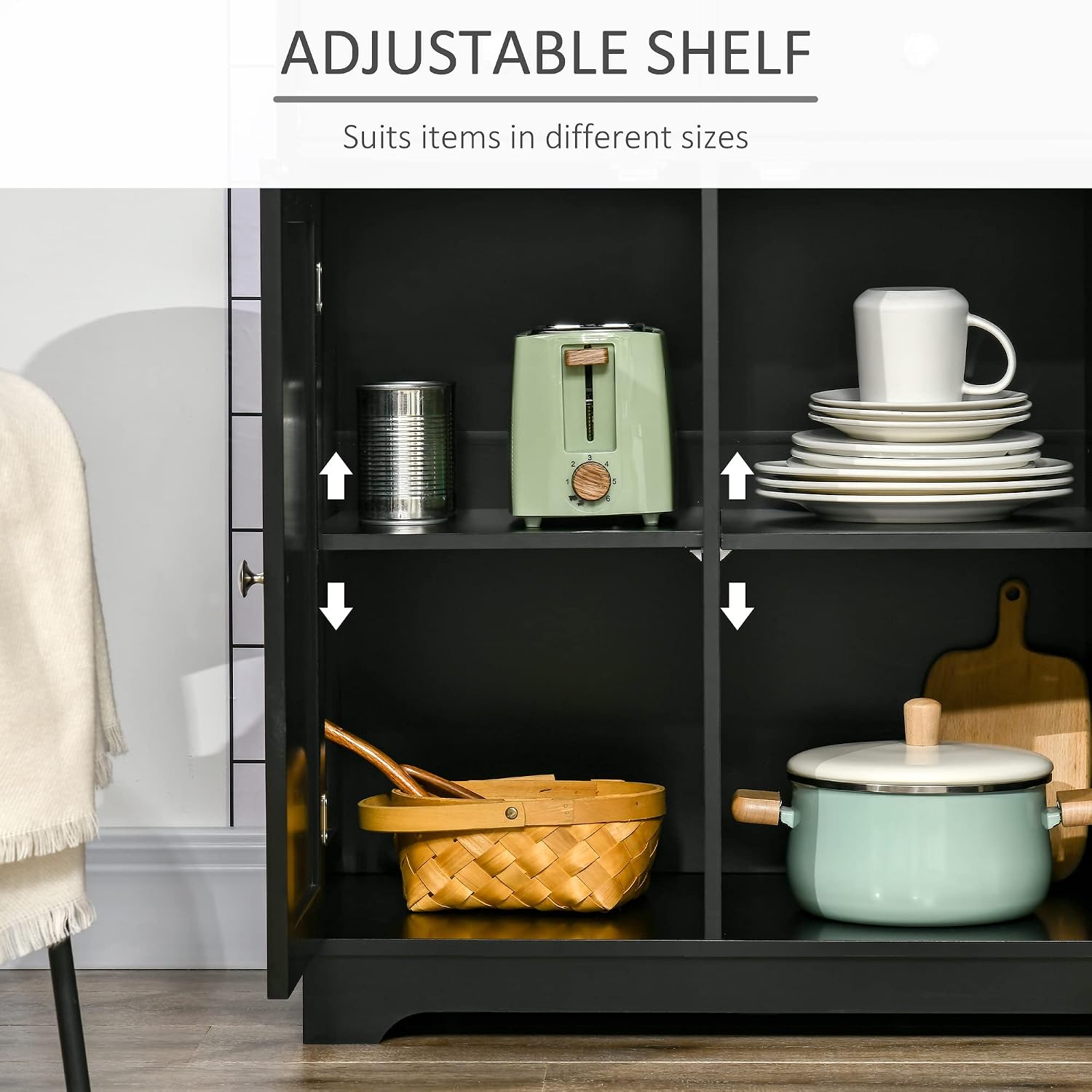 HOMCOM Sideboard Buffet Cabinet with Solid Wood Countertop, Modern Kitchen Storage Cabinet, Coffee Bar Cabinet with 3 Drawers, Doors and Adjustable Shelf, Black