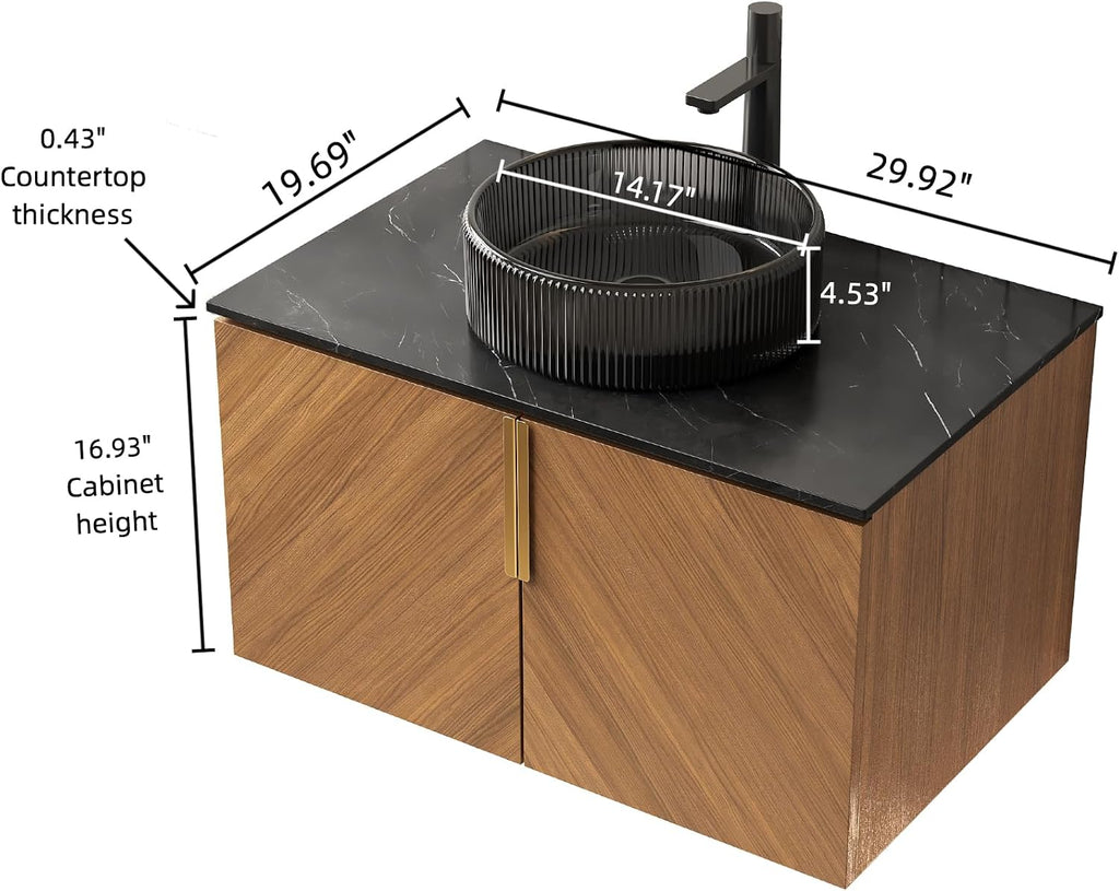 30 Inch Bathroom Vanity with Sink Combo, Floating Vanity Bathroom with Vessel Sink, Modern Bathroom Vanity Cabinet with Doors, Sintered Stone Countertop and Black Glass Sink,Brown Oak