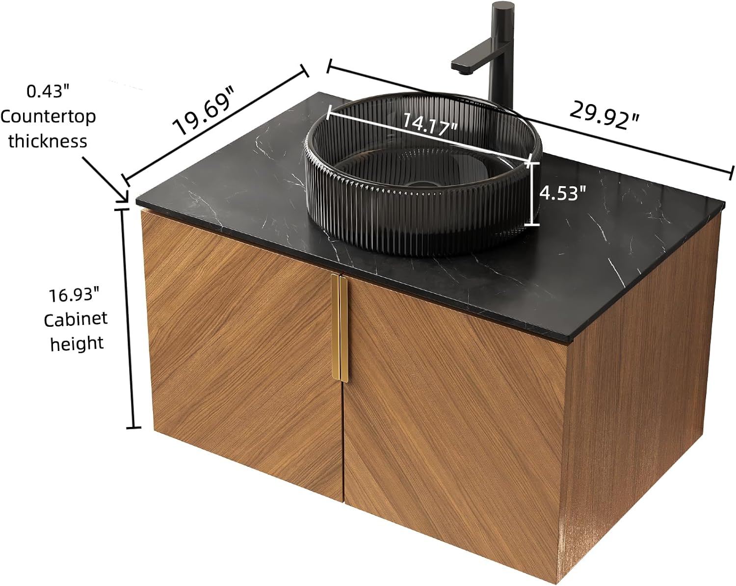 30 Inch Bathroom Vanity with Sink Combo, Floating Vanity Bathroom with Vessel Sink, Modern Bathroom Vanity Cabinet with Doors, Sintered Stone Countertop and Black Glass Sink,Brown Oak
