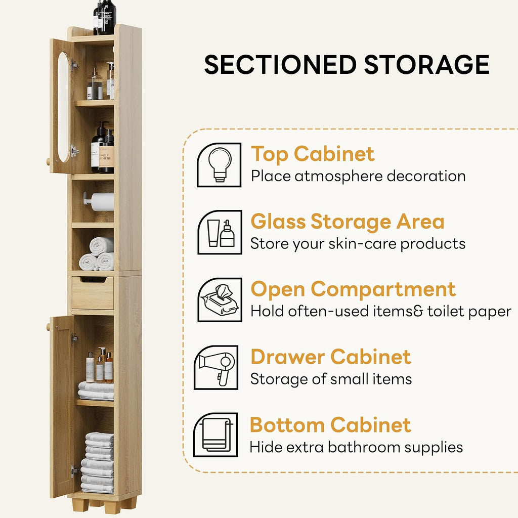 LIKIMIO 69' H Tall Bathroom Storage Cabinet with 2 Doors & 1 Drawer, Narrow Adjustable Shelves & Pull-Out Tissue Holder, Slim Freestanding Cabinet for Small Spaces, Kitchen, Entryway, Rustic White