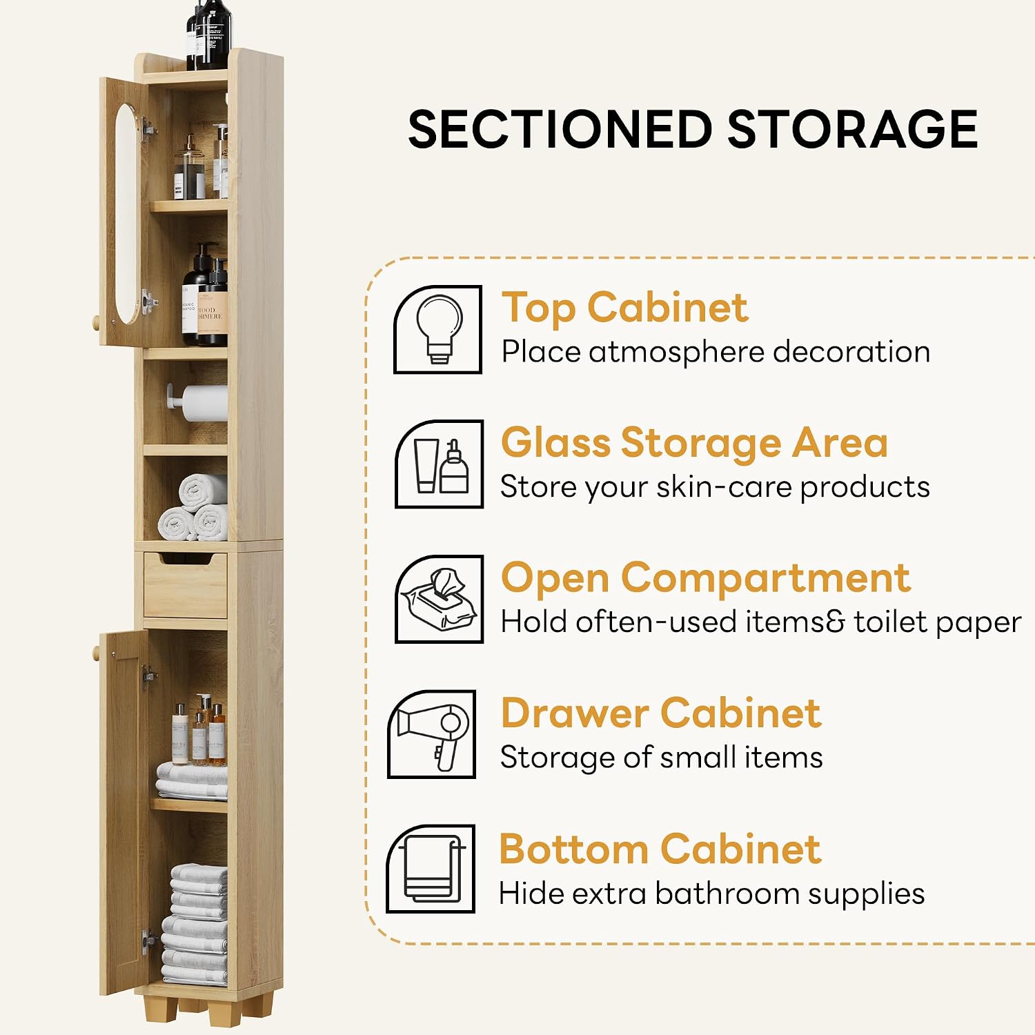 LIKIMIO 69' H Tall Bathroom Storage Cabinet with 2 Doors & 1 Drawer, Narrow Adjustable Shelves & Pull-Out Tissue Holder, Slim Freestanding Cabinet for Small Spaces, Kitchen, Entryway, Rustic White