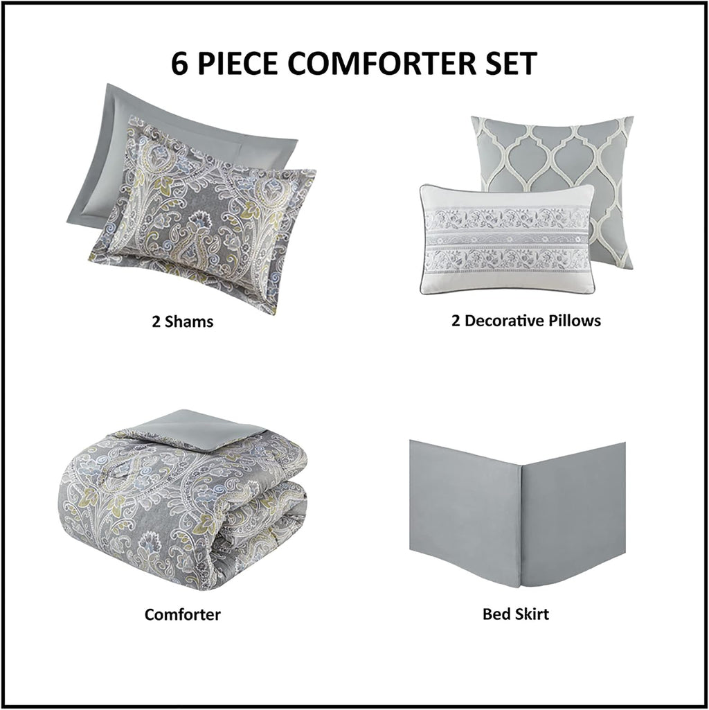 Harbor House Cozy Cotton Comforter Set - Classic Modern Design, All Season Down Alternative Casual Bedding, Matching Shams, Hallie, Damask Grey Full(80'x90') 6 Piece