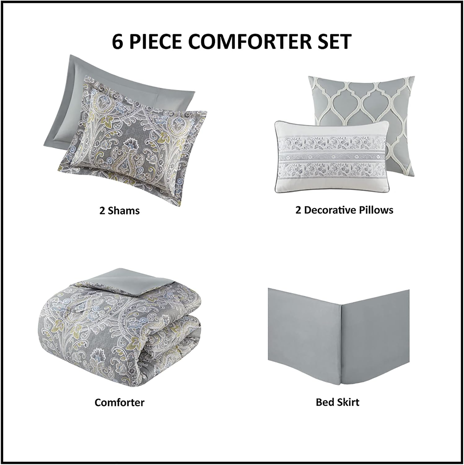 Harbor House Cozy Cotton Comforter Set - Classic Modern Design, All Season Down Alternative Casual Bedding, Matching Shams, Hallie, Damask Grey Full(80'x90') 6 Piece