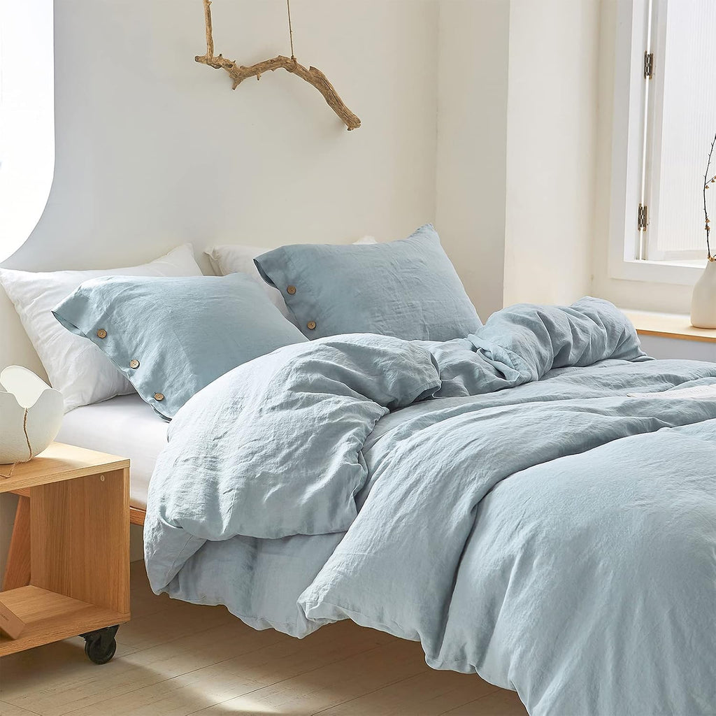 Simple&Opulence 100% Linen Duvet Cover Set 3pcs with Coconut Button Closure Natural French Washed Flax Solid Color Soft Breathable Farmhouse Bedding - Dusty Blue, Queen Size
