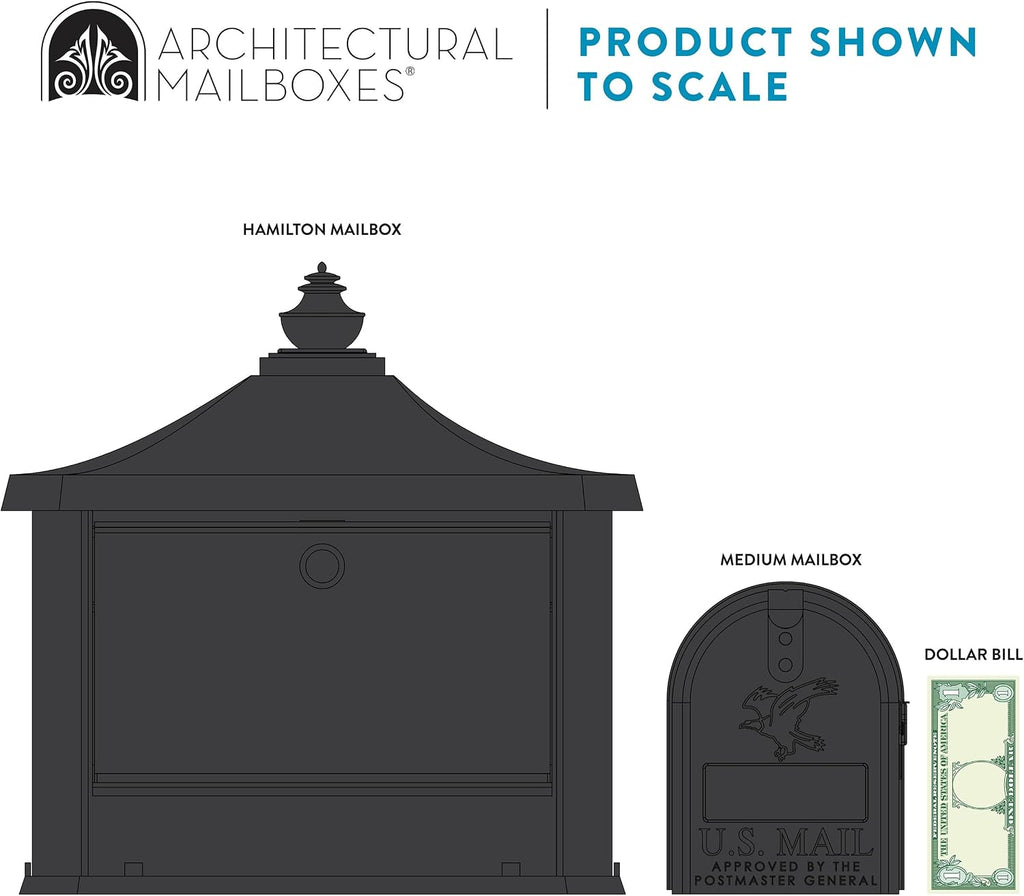 Architectural Mailboxes Hamilton™ Secure, Locking USPS Approved Heavy Duty, Cast Aluminum Metal Post Mounted Mail Box for Outside, Black Large Curbside Mailbox with Magnetic, Lockable Double Doors