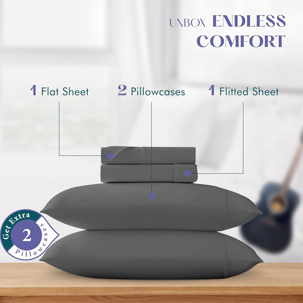XOOX Linen 100% Egyptian Cotton Sheets Queen Size Bed Set - Luxury 1500 High Thread Count Egyptian Cotton Queen Sheet Set (4 PC, Dark Grey), 17' Deep Pocket, Silky Soft, Cooling, Sateen Weave Bedding