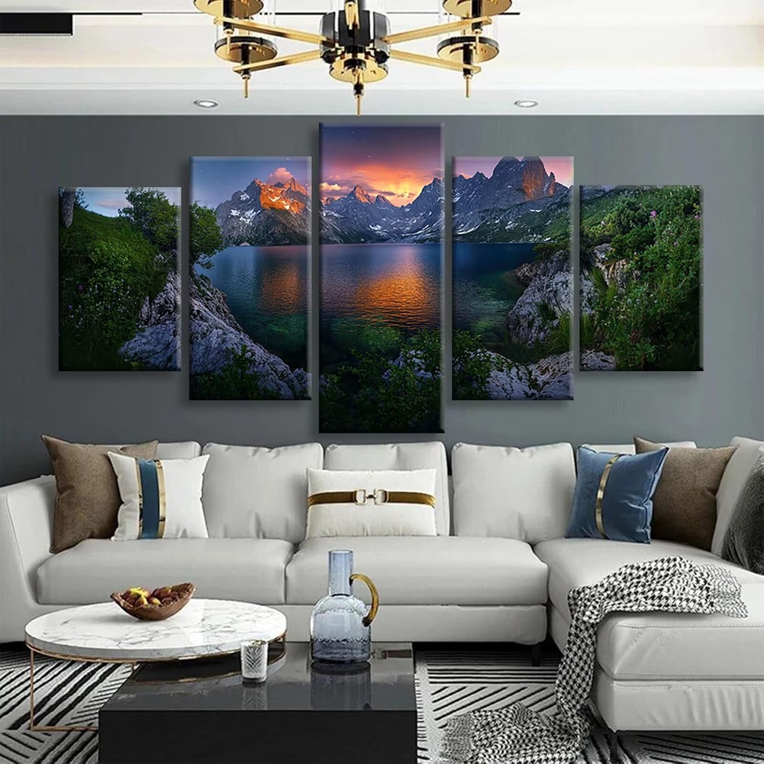 Landscape Diamond Art 5 Piece Diamond Painting Sunset 5D DIY Full Round Drill Dimond Art Paintings Crystal Crafts for Adults Gem Painting for Home Decor, Large Artwork for Wall 48 x 100 Inch, Model447