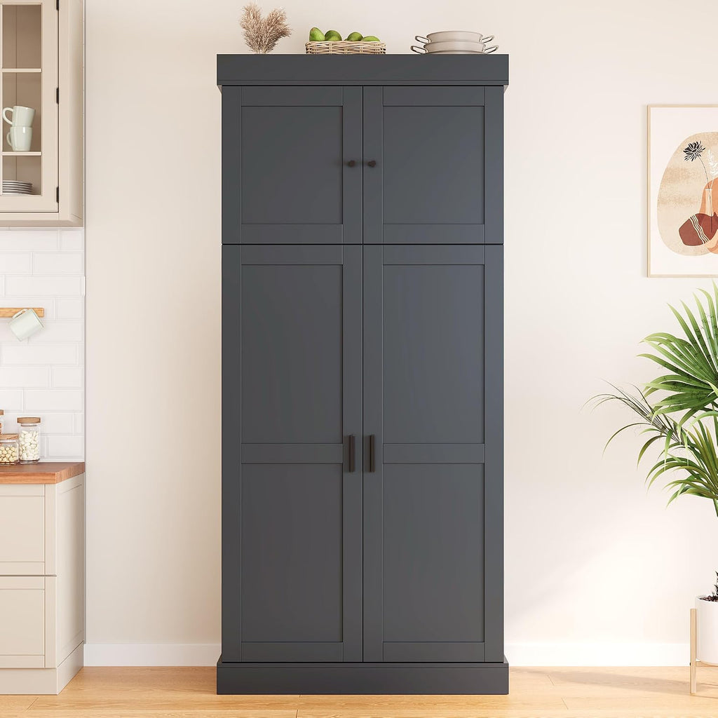 77'' Tall Freestanding Kitchen Pantry, 35''Lx17.7''W Wooden Kitchen Organizers Cupboard Storage Cabinet with Adjustable Shelves, Door Shelves, Drawers and Wine Racks (Grey-2.12)