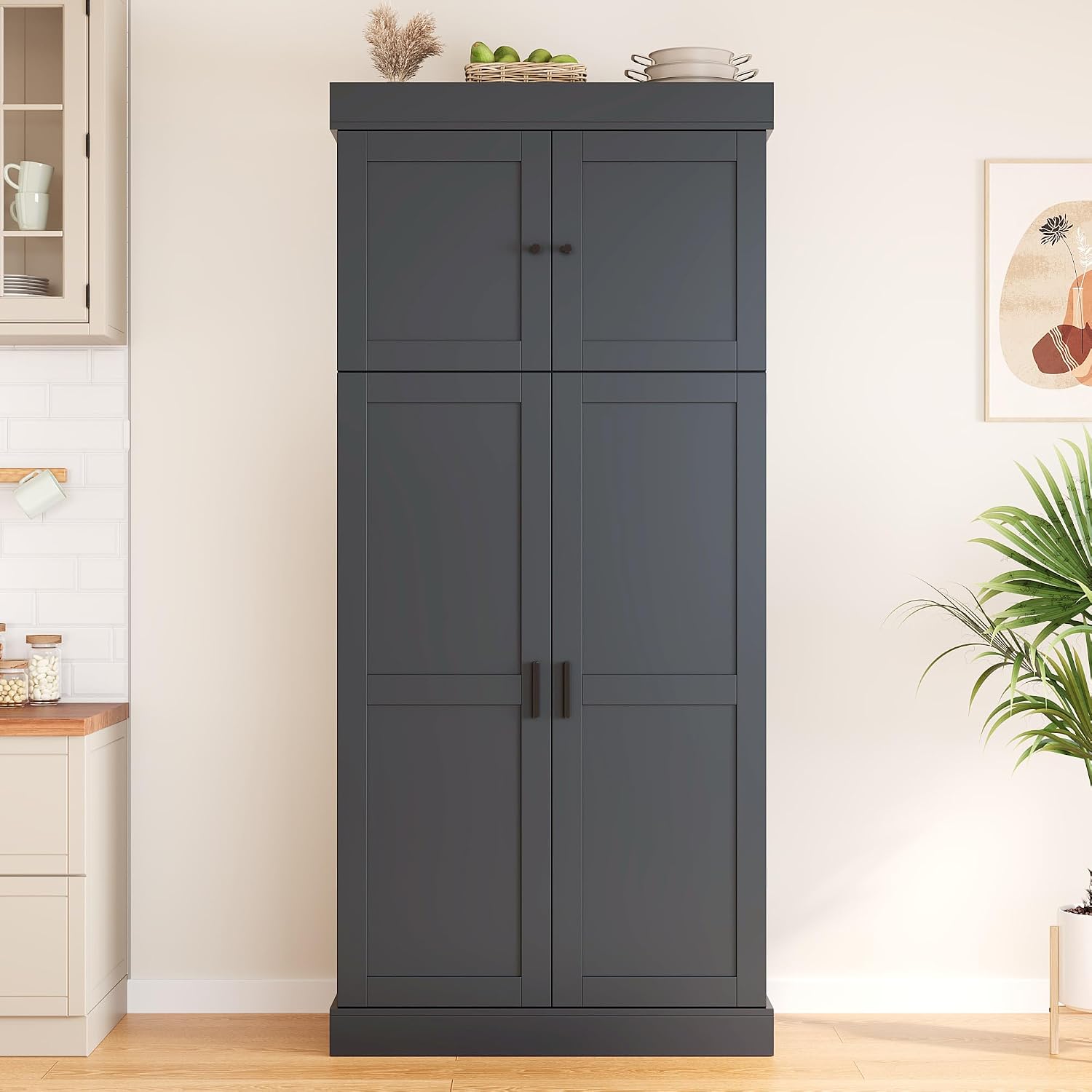 77'' Tall Freestanding Kitchen Pantry, 35''Lx17.7''W Wooden Kitchen Organizers Cupboard Storage Cabinet with Adjustable Shelves, Door Shelves, Drawers and Wine Racks (Grey-2.12)