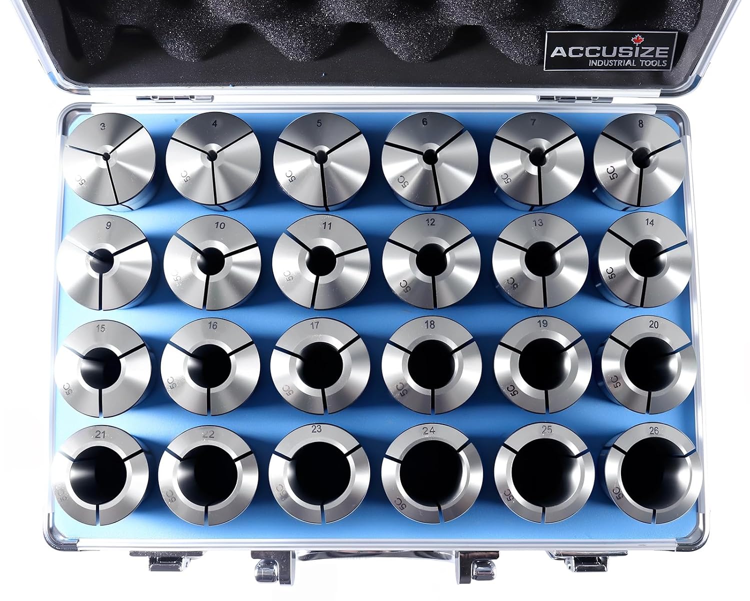 Accusize Industrial Tools 24-Pc 3-26 mm 5C Precision Round Collets, Metric, Hardened & Ground, 0200-5552