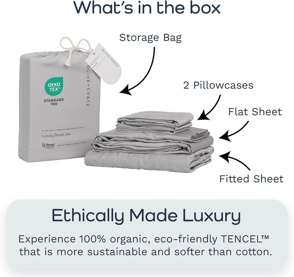 Olive + Crate Tencel Lyocell Eucalyptus Queen Size Sheet Set - Cooling Tencel Sheets for Hot Sleepers with 18 Inch Deep Pocket Fit - Gray Mist 4-Piece Set