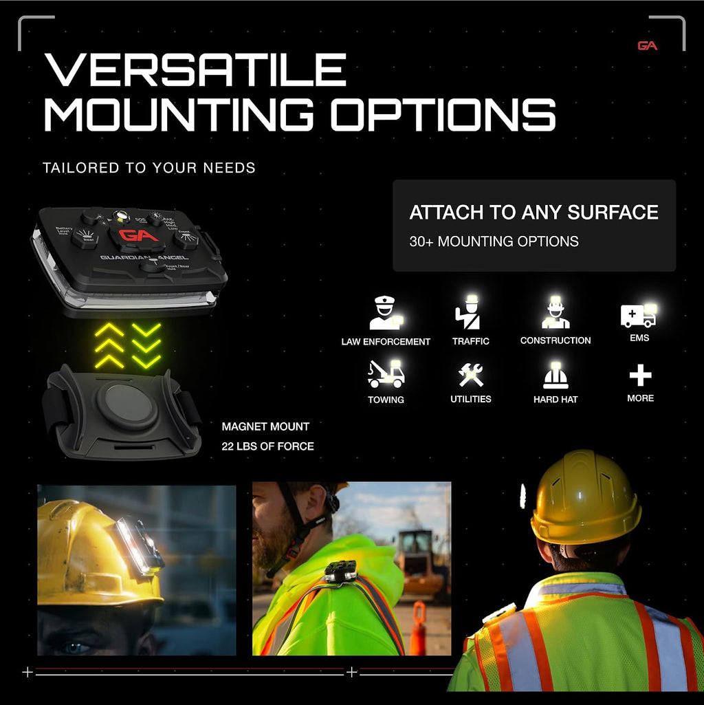 Guardian Angel Elite Series Safety Light, Beacon Device (White Front & White Rear) Rechargeable, Magnetic, Hands-Free Wearable & Mountable LED Flashlight for Industrial PPE, Boat Signal & Mechanics
