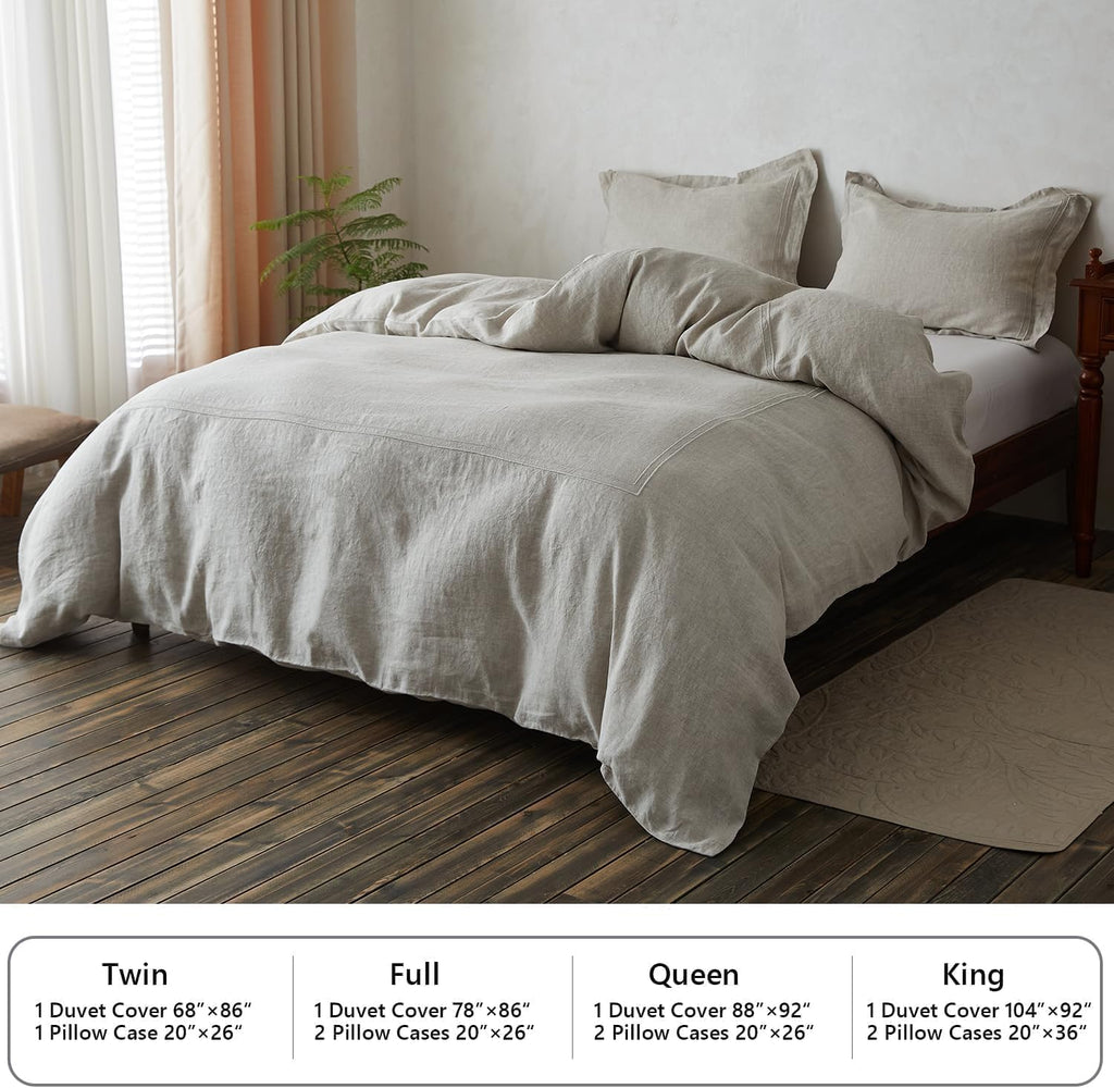 Simple&Opulence 100% Washed Linen Duvet Cover Set 78'x86' - 3 Pieces Soft Farmhouse Comforter Set Double Embroidered with Button Closure - 1 Duvet Cover and 2 Pillowshams (Linen, Full)