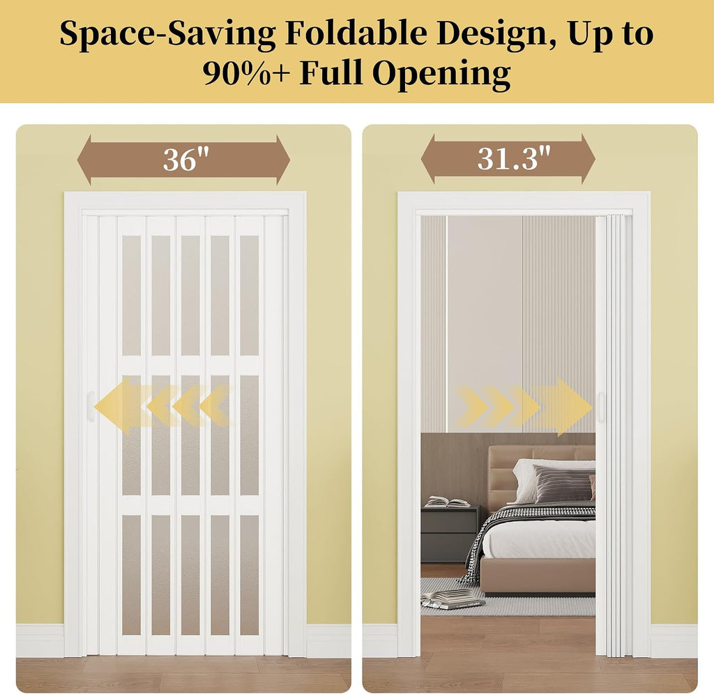 WINSTELLAR 36' x 80' Enhanced Accordion Doors with 3 Frosted Acrylic Panels, Bifold Closet Door Hardware Kit Included, PVC Interior Folding Doors with 2 Handles for Closet Bathroom Doorways