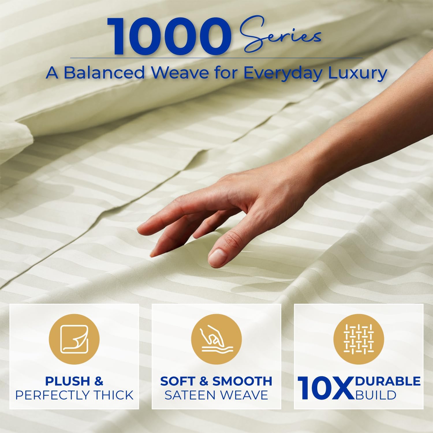 THREAD SPREAD Queen Sheet Set, Luxury 1000 Series Paradise Collection 100% Egyptian Cotton Damask Striped Bed Sheets Queen Size (4 PC, Ivory Stripe), Cooling 16' Deep Pocket Hotel Sheet Set