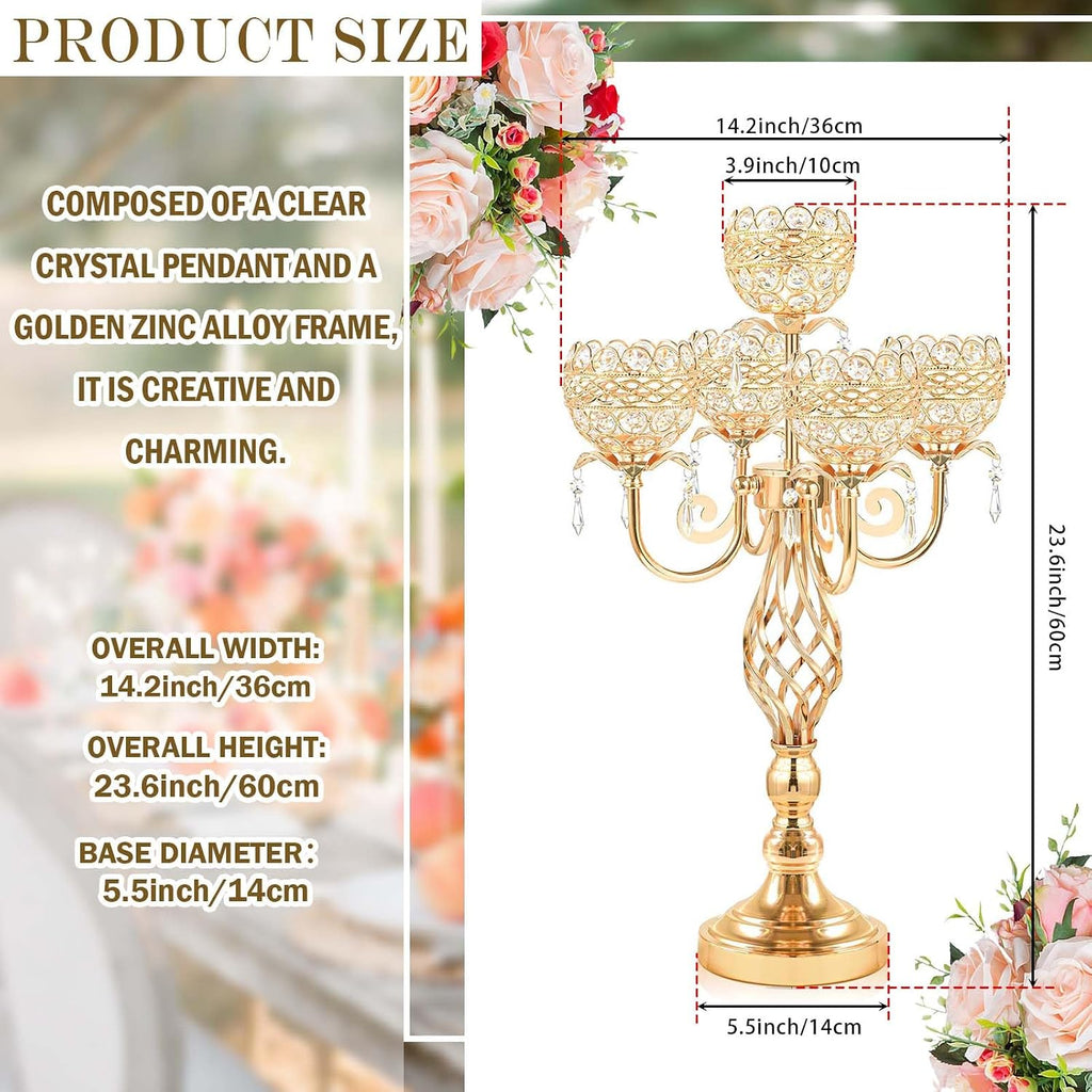 Elegant 5-Head Candelabra Centerpiece with Crystal Pendants - 23 Inch Tall Table Centerpiece for Weddings, Parties, Home Decor for Mother's Day, Holidays & Special Occasions (4, Gold)
