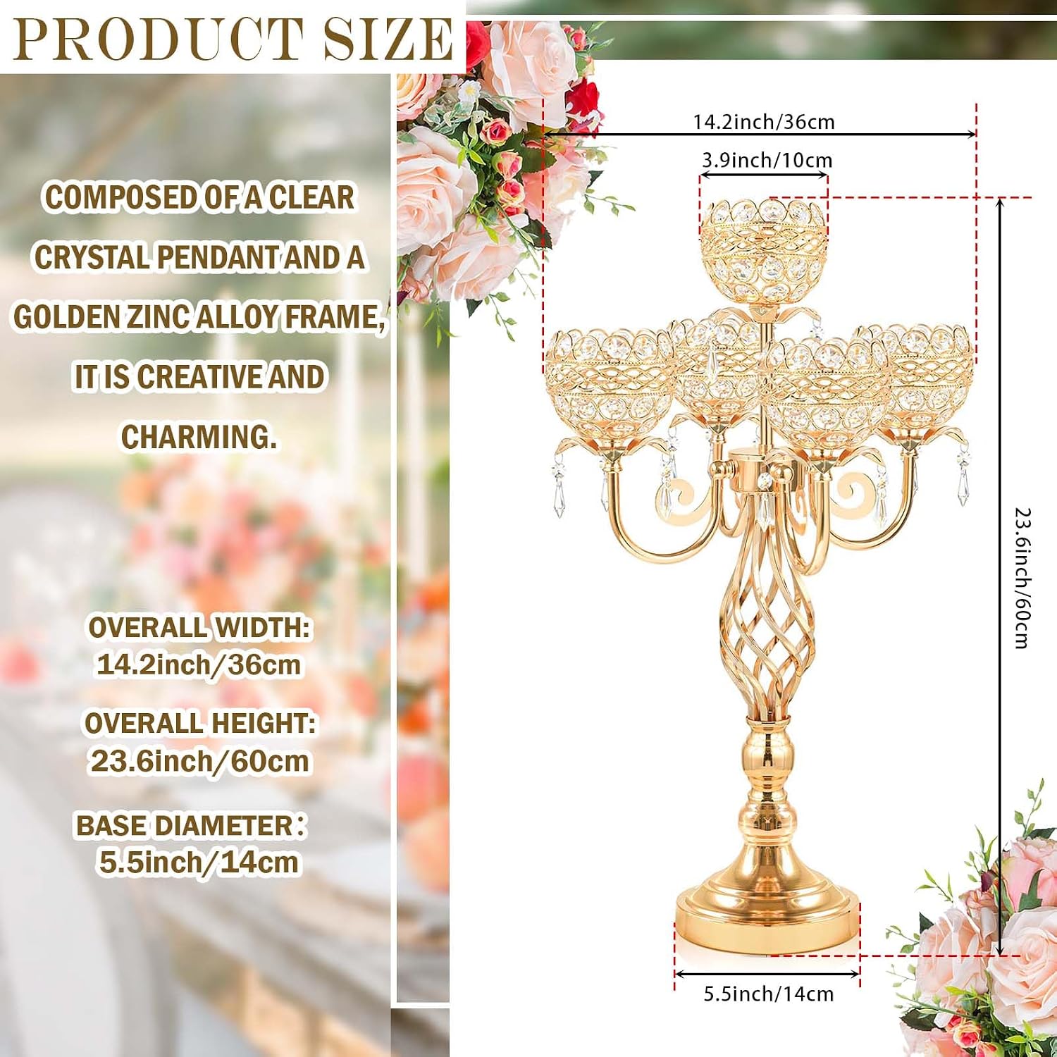 Elegant 5-Head Candelabra Centerpiece with Crystal Pendants - 23 Inch Tall Table Centerpiece for Weddings, Parties, Home Decor for Mother's Day, Holidays & Special Occasions (4, Gold)