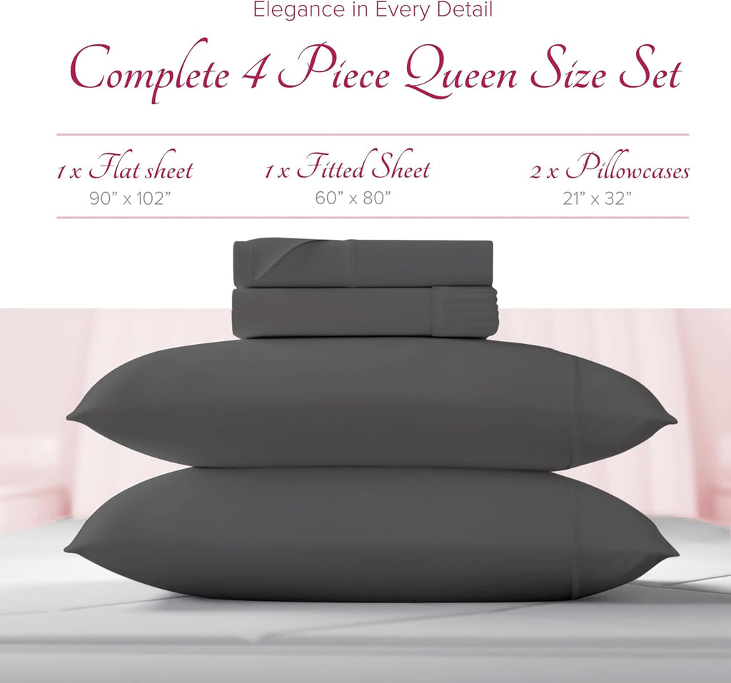 Carressa Linen 100% Egyptian Cotton Queen Sheet Set - Luxury 1200 Series Rose Collection Egyptian Cotton Sheets Queen Size (4 PC, Dark Grey), Silky Soft, Cooling, Sateen 17' Deep Pocket Bed Set