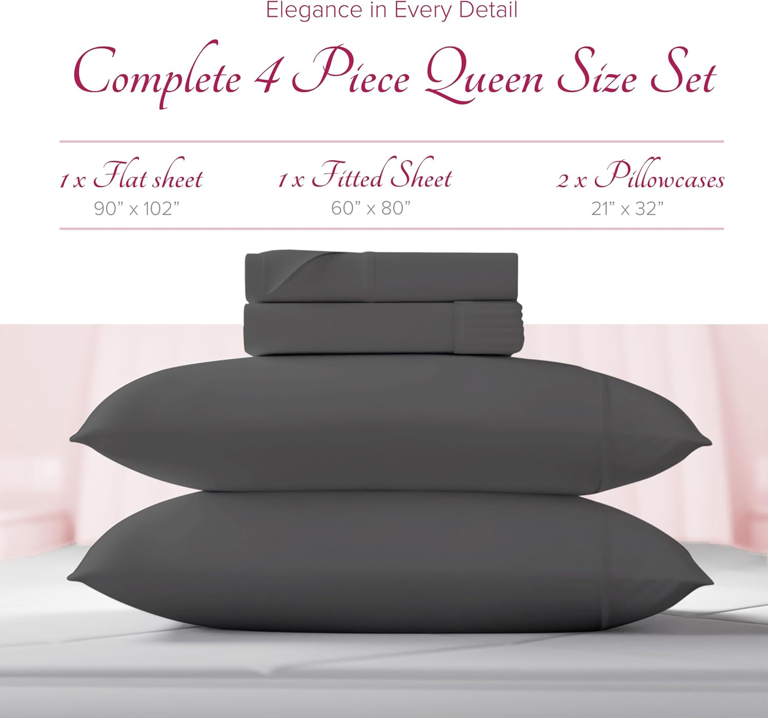 Carressa Linen 100% Egyptian Cotton Queen Sheet Set - Luxury 1200 Series Rose Collection Egyptian Cotton Sheets Queen Size (4 PC, Dark Grey), Silky Soft, Cooling, Sateen 17' Deep Pocket Bed Set