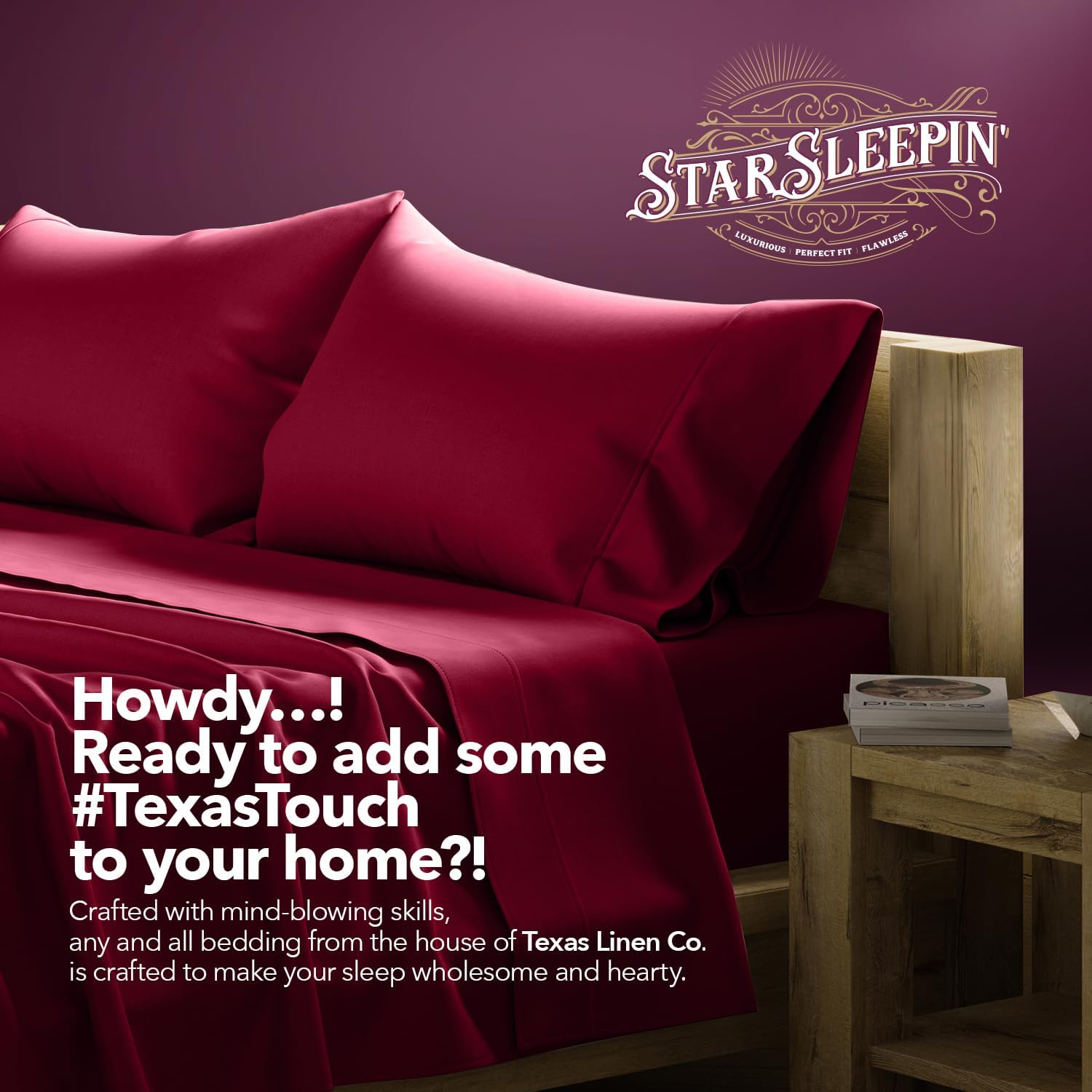 TEXAS LINEN CO. 100% Egyptian Cotton Queen Sheets Set - Luxury 1200 Series Star Sleepin' Collection Egyptian Cotton Sheets Queen Size (4 PC, Burgundy), 17' Deep Pocket, Cooling Sateen Hotel Bedding