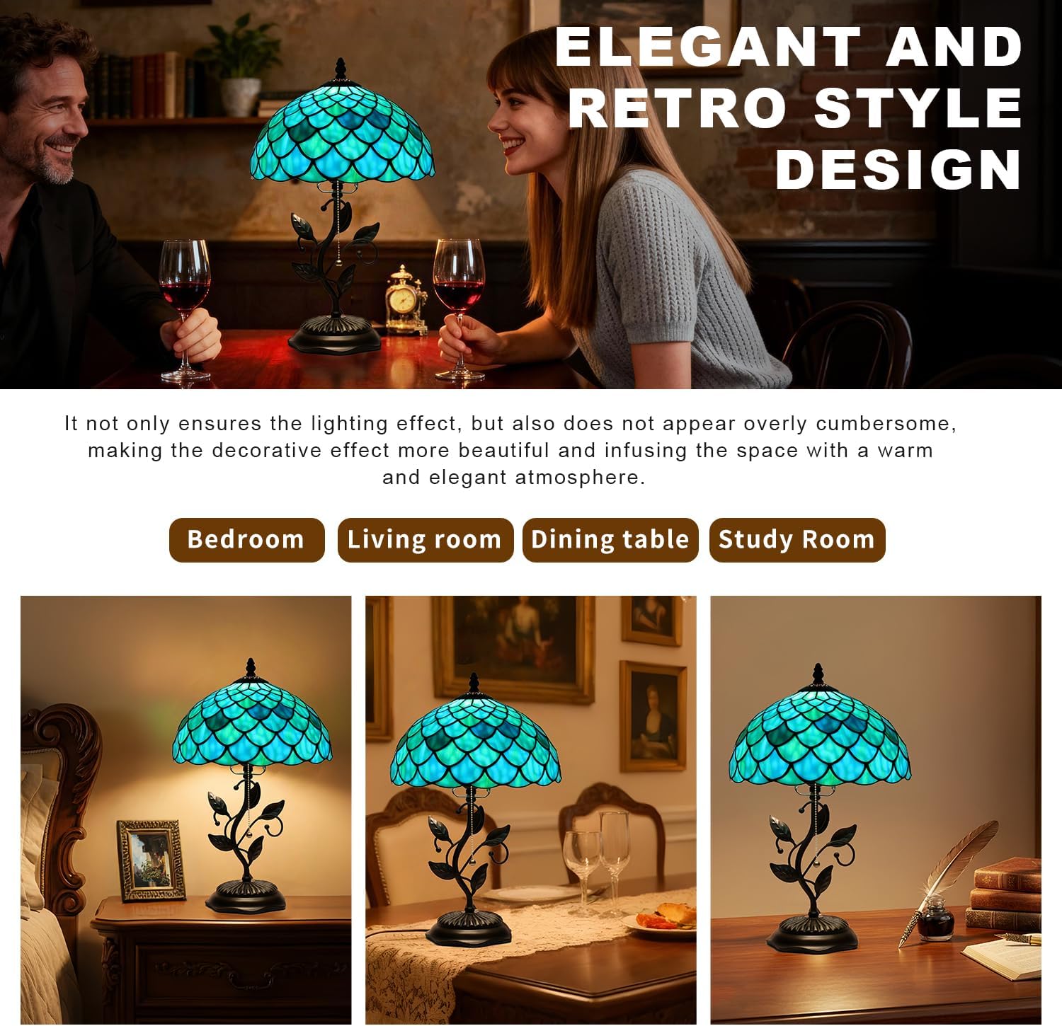 Tiffany Table Lamp, Stained Glass Blue Green Fish Scale Style, Metal Leaf Base Decor Lamp, 12x12x19 Inch for Bedroom, Living Room, Home, Office