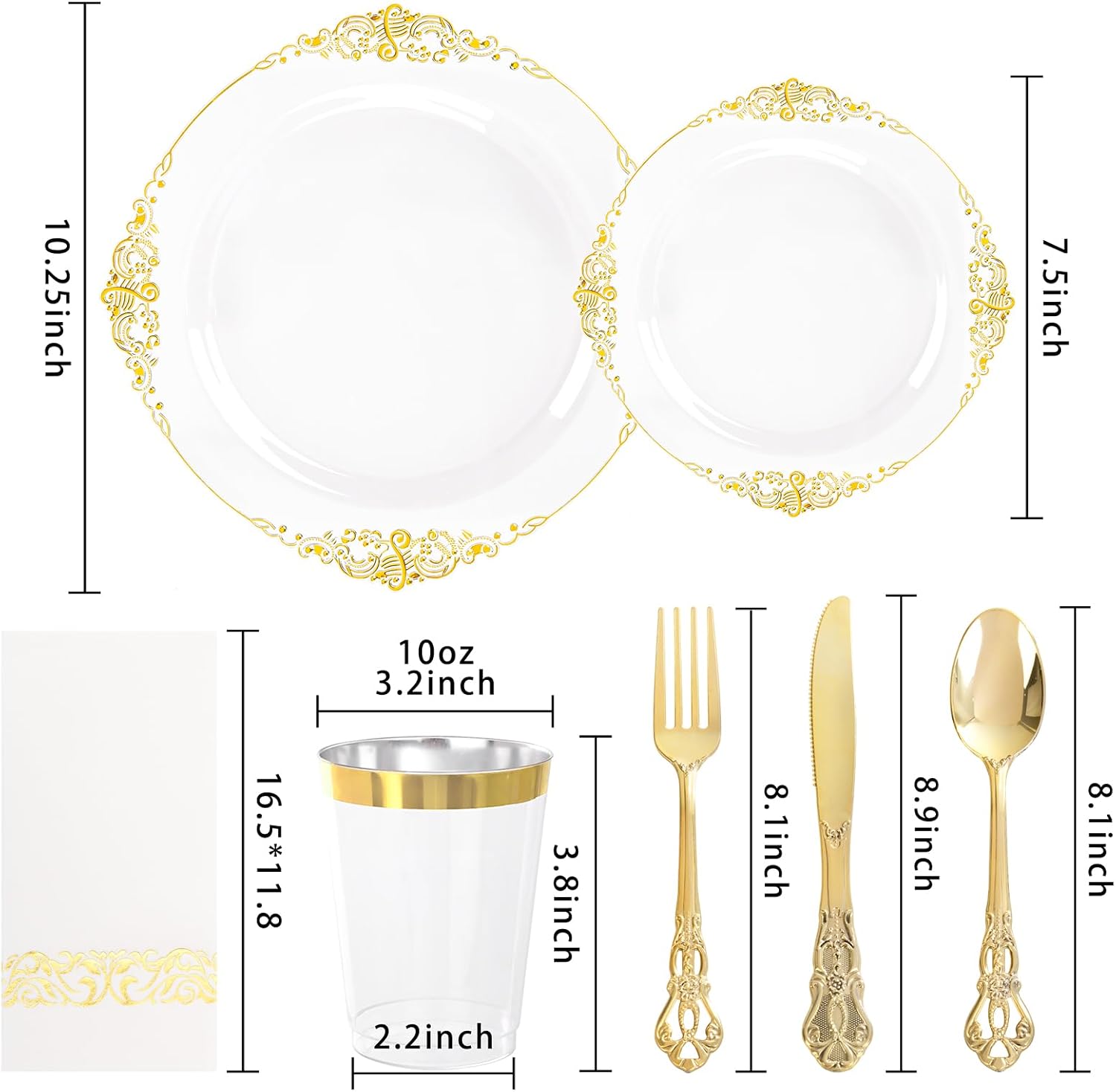 YOUBET 700PCS Clear Gold Plastic Plates - Elegant Gold Plastic Dinnerware Set Include 200 Disposable Plates, 300 Heavy Duty Silverware, 100 Cups, 100 Napkins for Wedding Party