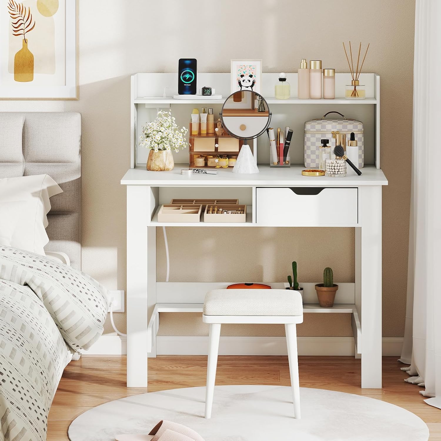 Giantex White Computer Desk with Hutch, Home Office Desk with Power Outlets, USB Ports, Type-C, Storage Shelf & Drawer, Modern Laptop PC Table Computer Workstation, Study Writing Desk for Bedroom