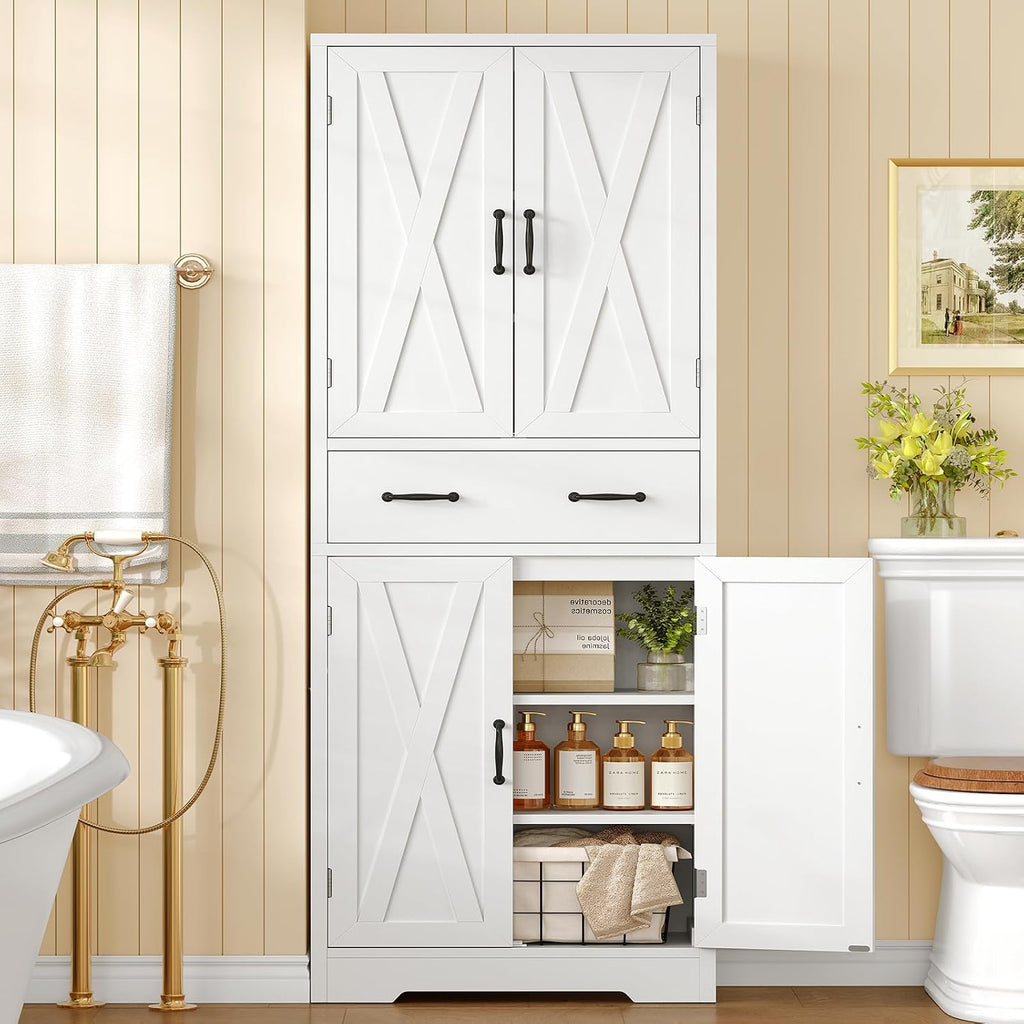 TEENFON Tall Storage Cabinet with 2 Adjustable Shelves & 1 Large Drawer, Kitchen Pantry Cabinet with 4 Doors, Bathroom Storage Cabinets, for Living Room, Kitchen, Bathroom, White
