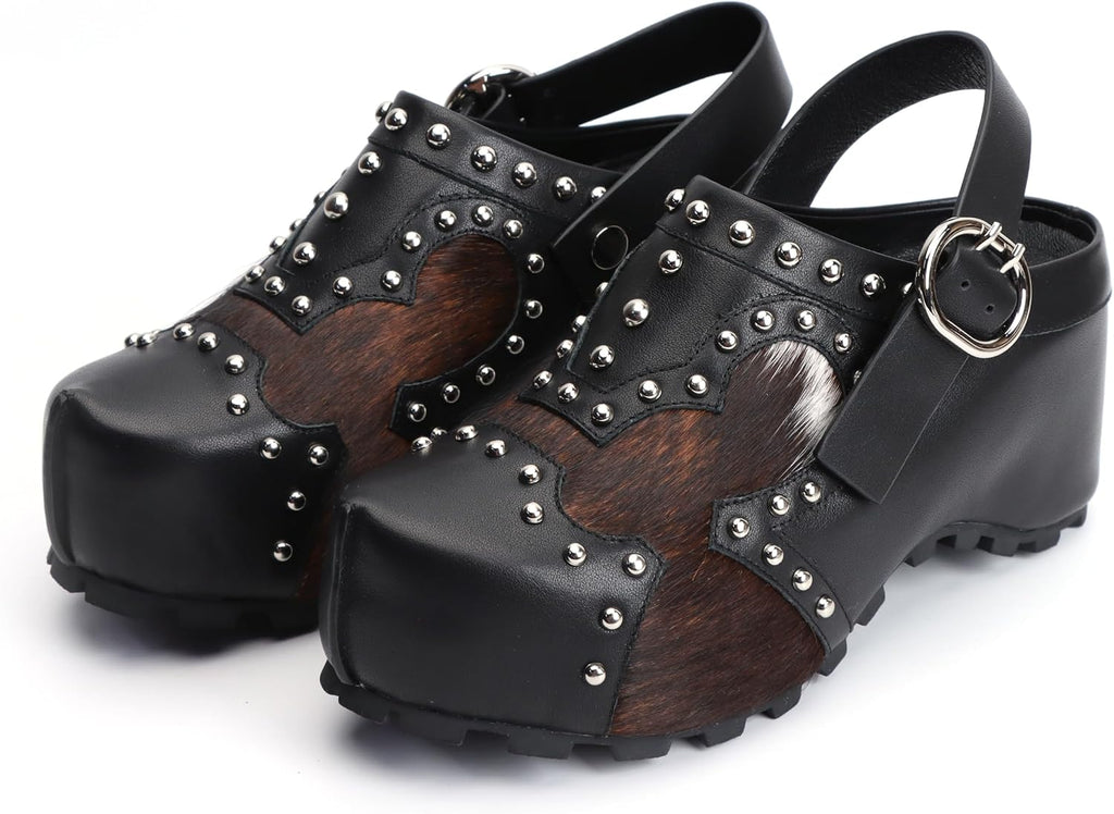 XOBZJH Platform Clogs for Women with Arch Support – Natural Calf Hair & Leather Patchwork Upper, Adjustable Strap, Leather-Lined Slip-On Mules for Flat Feet, Vintage Rivet Design