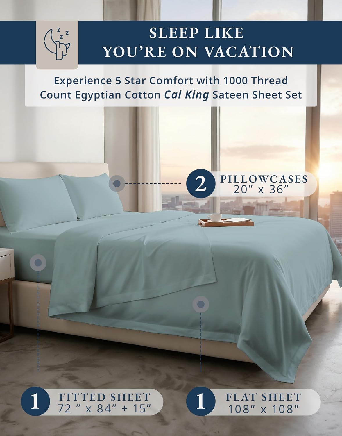 LANE LINEN Ultra Soft California King Sheets Set - 1000 Thread Count, 100% Egyptian Cotton Fully Elasticized with French Seam on Fitted Hotel Like Thick Luxury Cal King Bed Sheets- French Blue