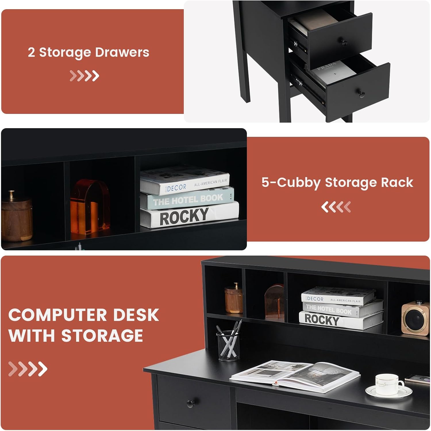 Tangkula Black Desk with Drawers & Hutch, Modern Home Office Desk with Power Outlets, USB Ports & Type-C, Writing Study Desk with 5-Cubby Hutch, Computer Workstation Makeup Vanity Desk