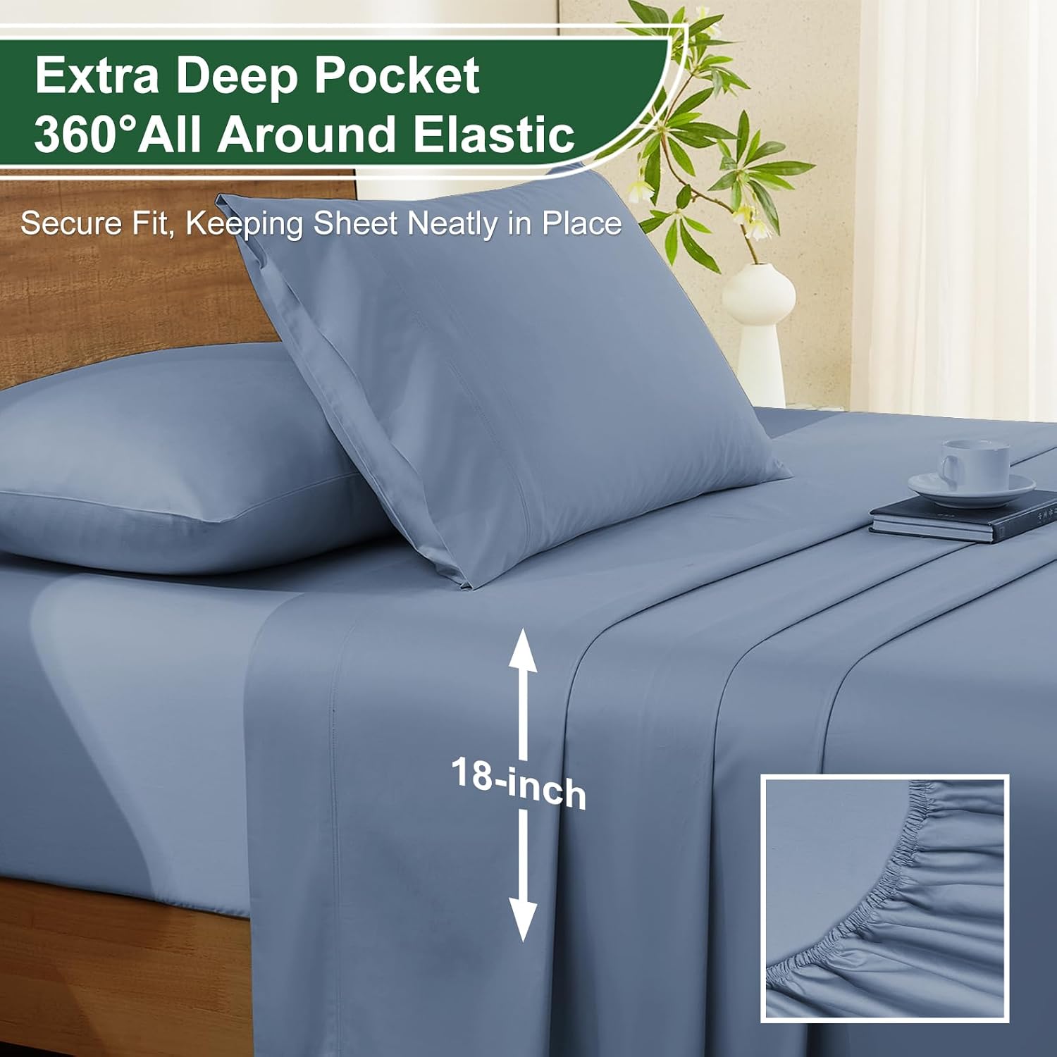 Ivellow 100% Egyptian Cotton Sheets Queen Size Set - 1200 Thread Count 6 PC 18' Deep Pocket Queen Size Bed Sheet Set，Luxury Soft Breathable Dusty Blue Cooling Sheet Sets Durable Hotel Quality Bedding