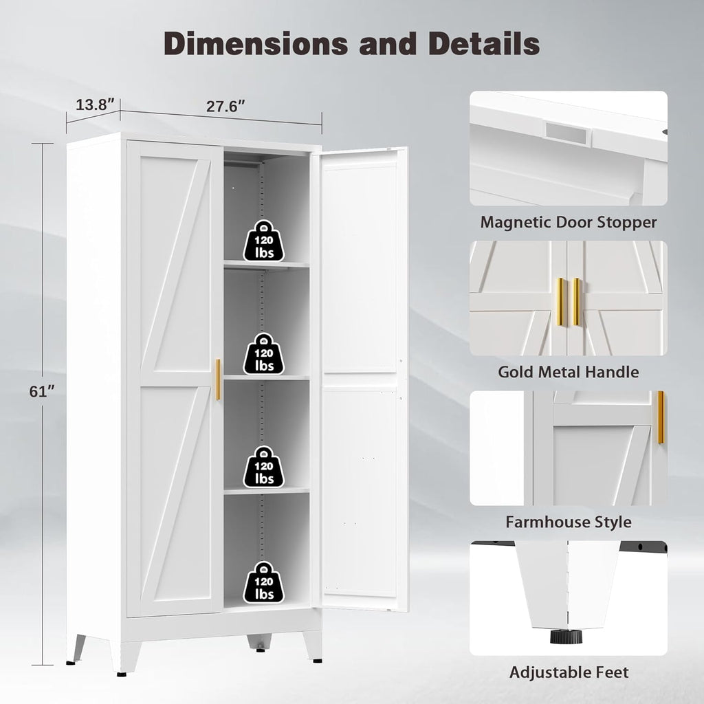 61' Tall Metal Pantry Cabinet, Kitchen Storage Cabinet with 2 Doors and 3 Adjustable Shelves for Kitchen, Living Room, Dining Room, Bathroom and Home, Office (White, 1PC)