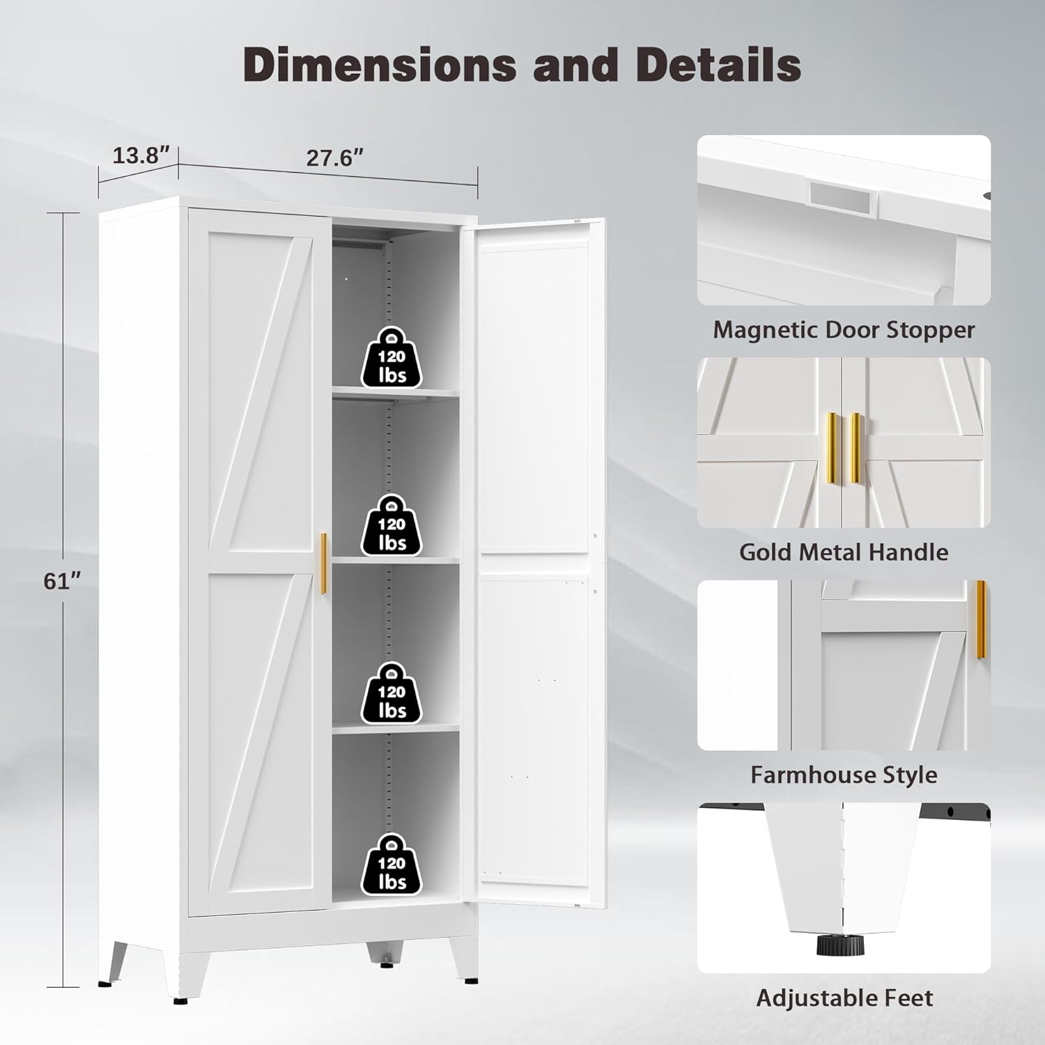 61' Tall Metal Pantry Cabinet, Kitchen Storage Cabinet with 2 Doors and 3 Adjustable Shelves for Kitchen, Living Room, Dining Room, Bathroom and Home, Office (White, 1PC)