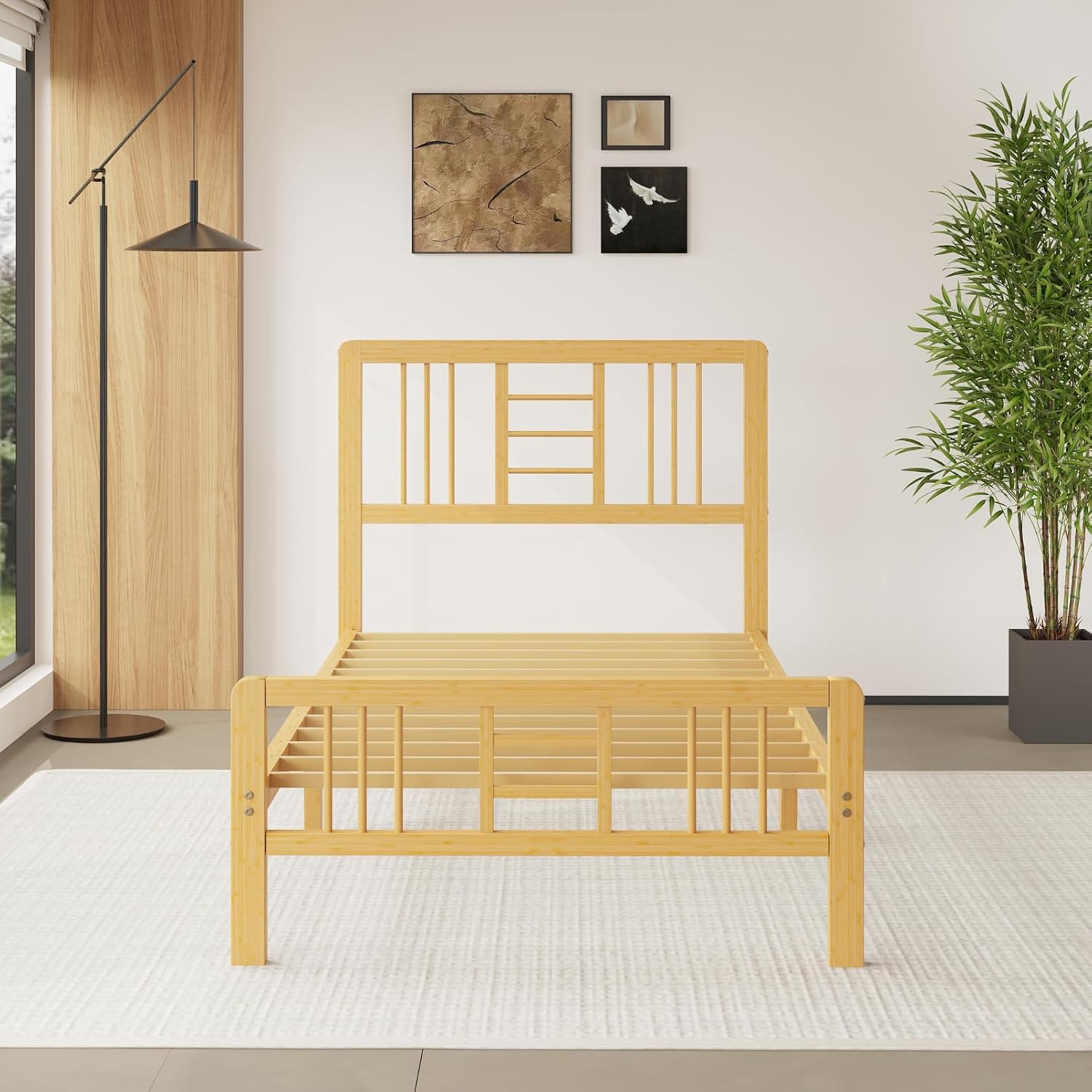 12 Inch Bamboo Wood Twin Size Platform Bed Frame with Headboard and Footboard, Metal Slat Support Bed Frame Twin Heavy Duty, No Box Spring Needed, Easy Assembly, Noise Free, Reinforced