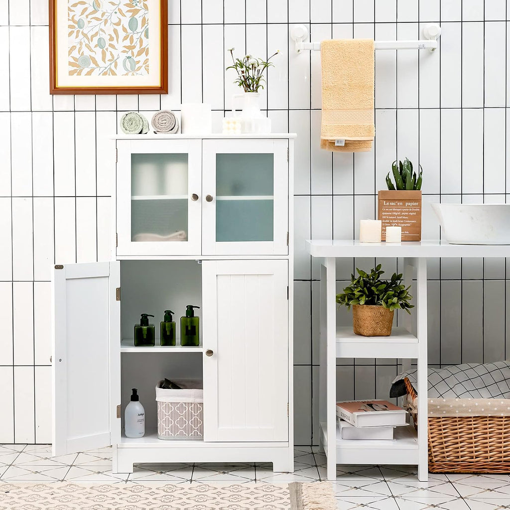 Giantex Storage Cabinet with Doors - Bathroom Floor Cabinet, Freestanding Tall Cabinet w/ 2 Tempered Glass Doors, Adjustable Shelf, Kitchen Cupboard Storage Organizer for Hallway Living Room (White)
