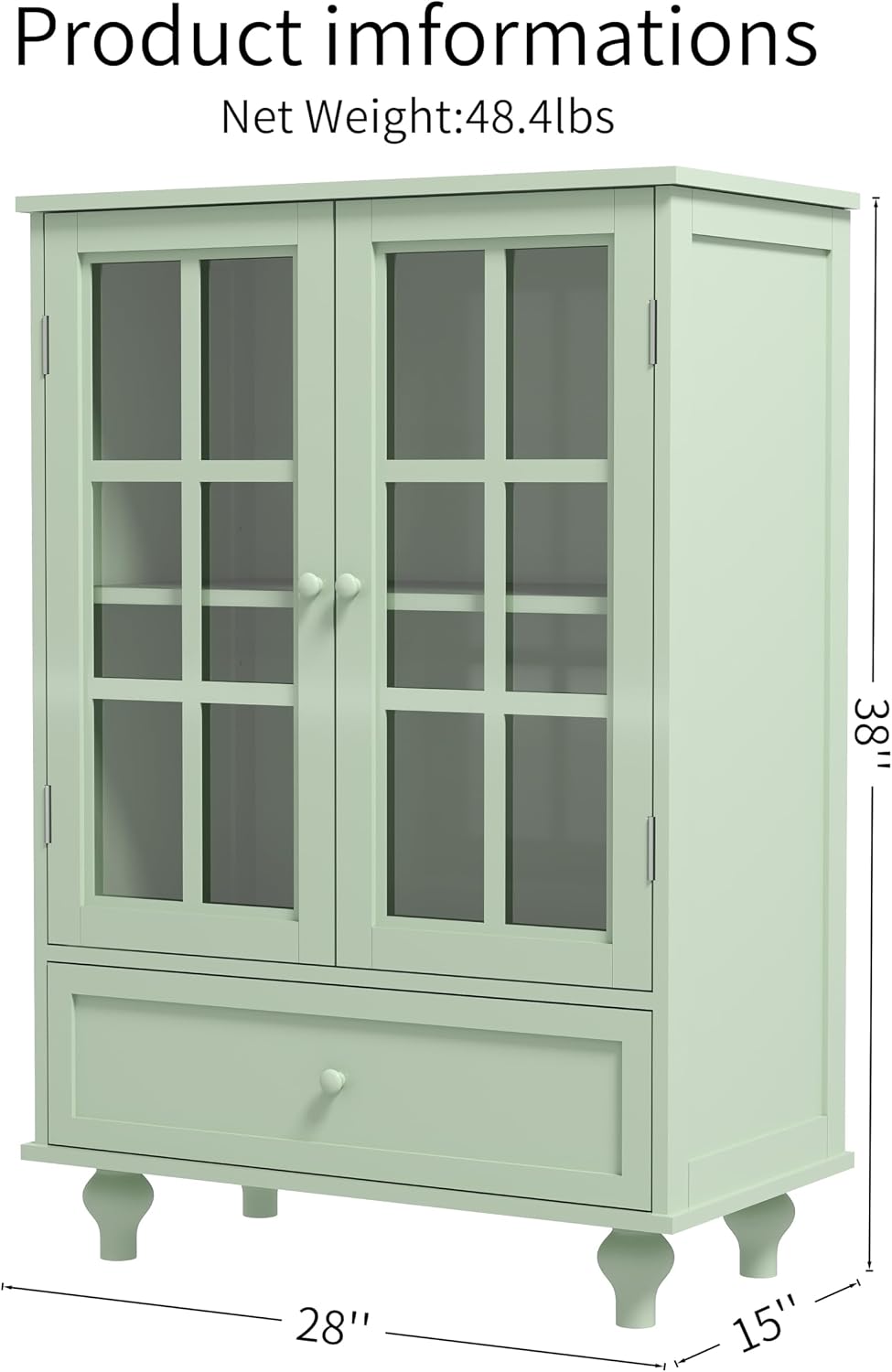 QMIT Display Cabinet with Glass Doors,Buffet Cabinet with Doors and Shelves,Small Green Wooden Storage Sideboard Cupboard for Living Room, Dining Room Hallway Entryway