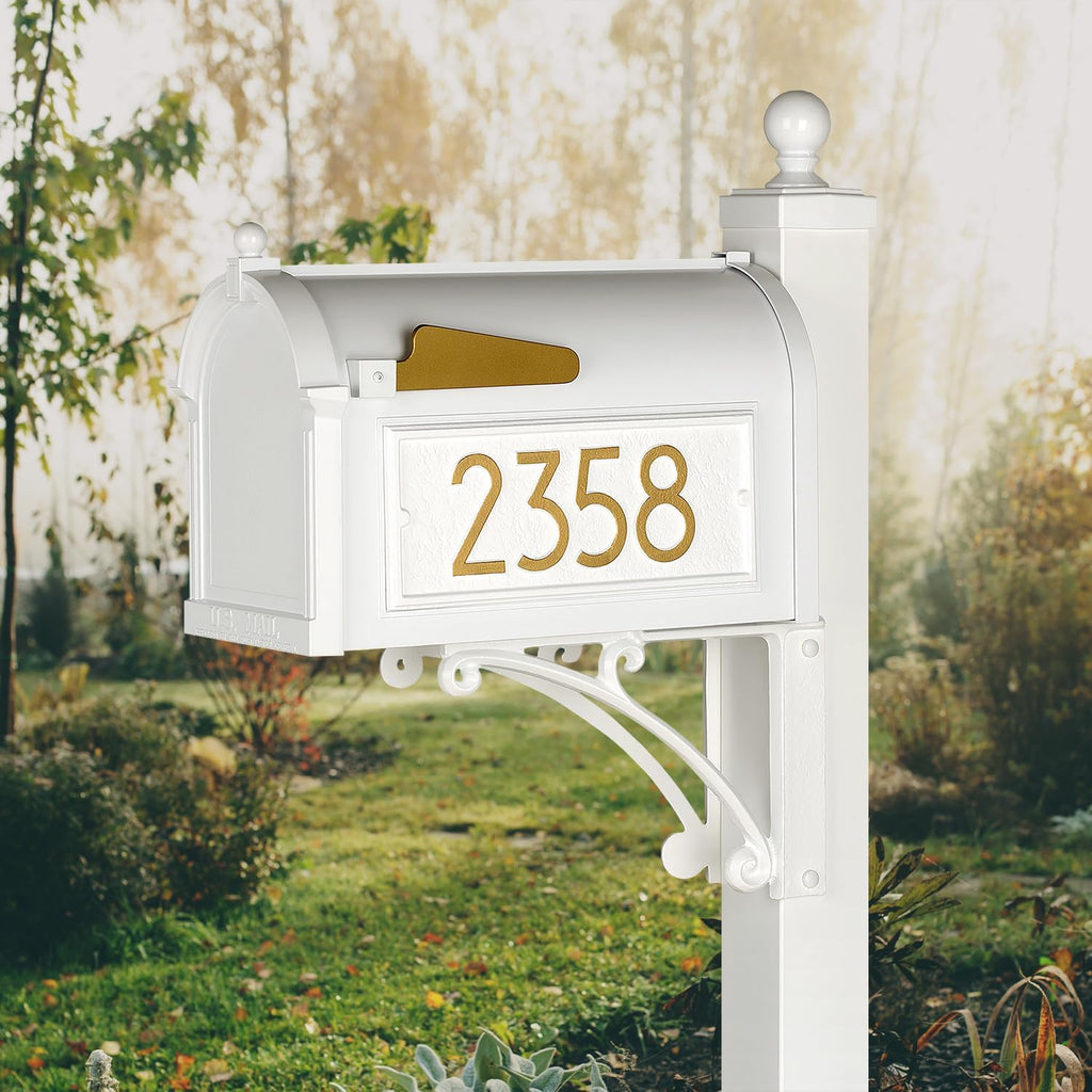 Whitehall Custom Extra Large Mailbox, Capitol Model with Modern Style Address Plaques and Post Package, Sand Cast Aluminum, White Personalized in Goldtone