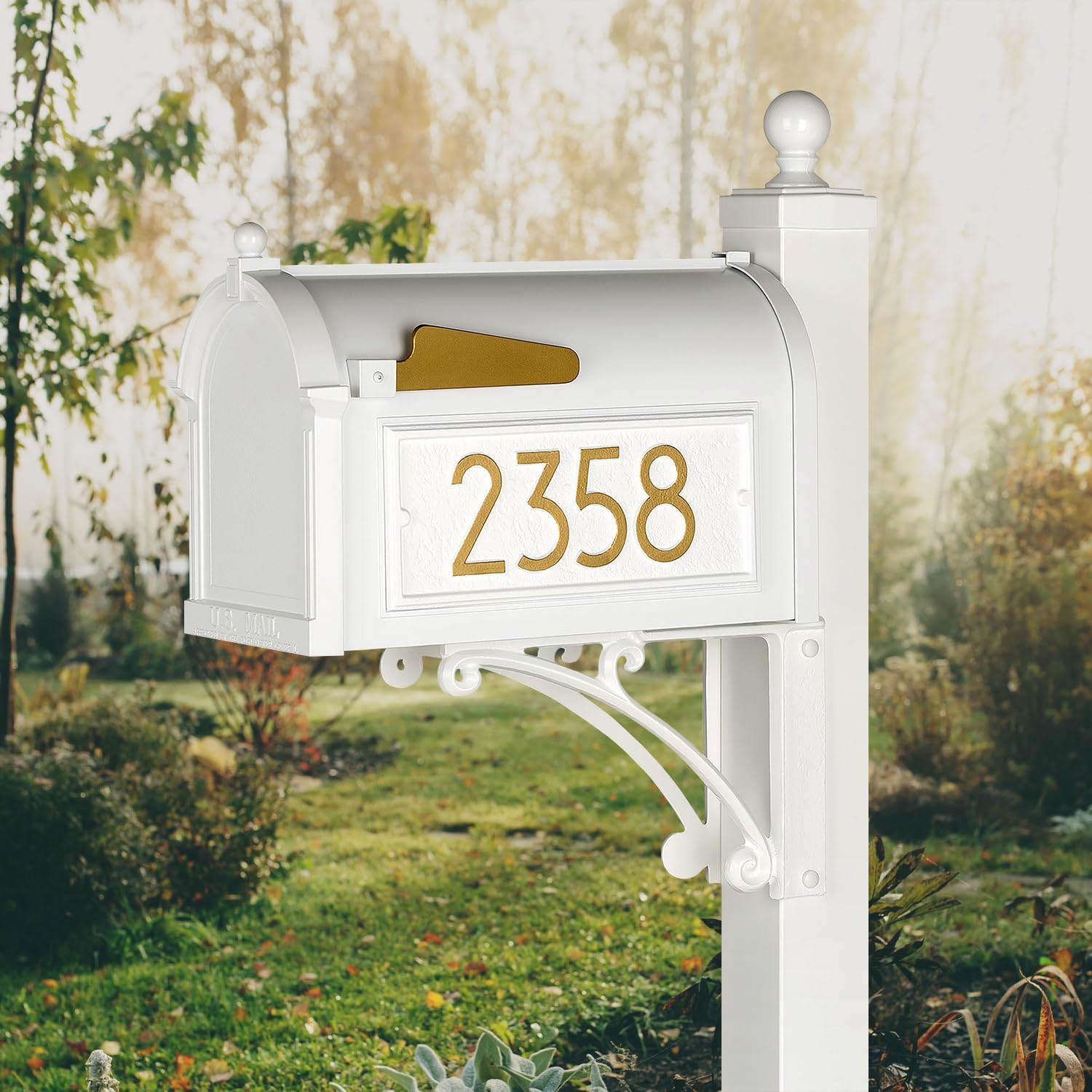 Whitehall Custom Extra Large Mailbox, Capitol Model with Modern Style Address Plaques and Post Package, Sand Cast Aluminum, White Personalized in Goldtone