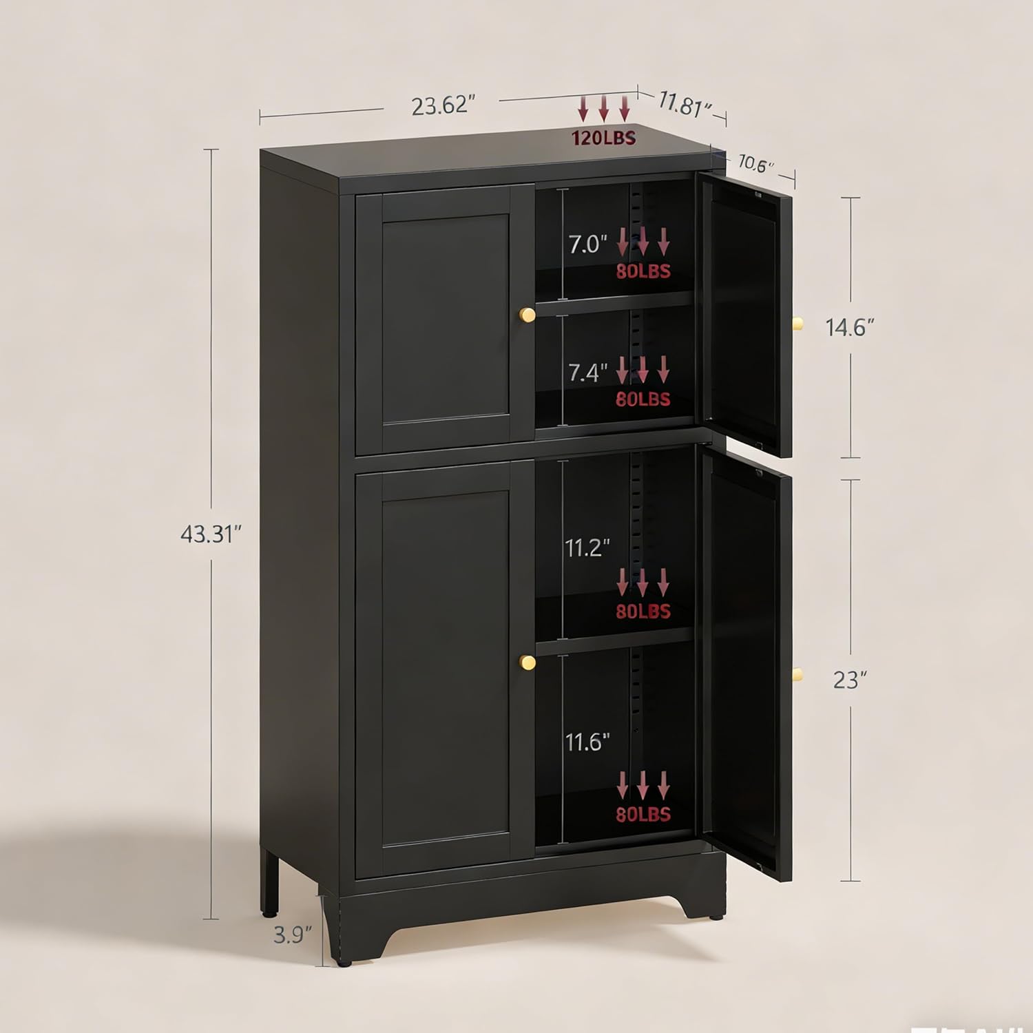 43' H Small Black Cabinet,Bathroom Floor Storage Cabinet,Metal Bathroom Cabinets Freestanding