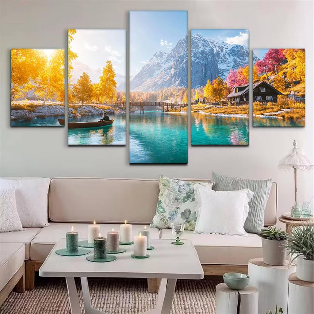 Landscape Diamond Art 5 Piece Diamond Painting Forest 5D DIY Full Round Drill Dimond Art Paintings Crystal Crafts for Adults Gem Painting for Home Decor, Large Artwork for Wall 48 x 100 Inch, Model189