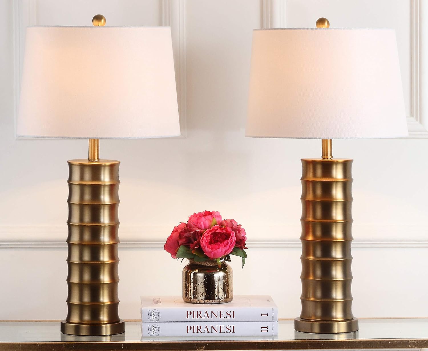 SAFAVIEH Lighting Collection Linus Farmhouse Brass Column Gold 29-inch Bedroom Living Room Home Office Desk Nightstand Table Lamp Set of 2 (LED Bulbs Included)
