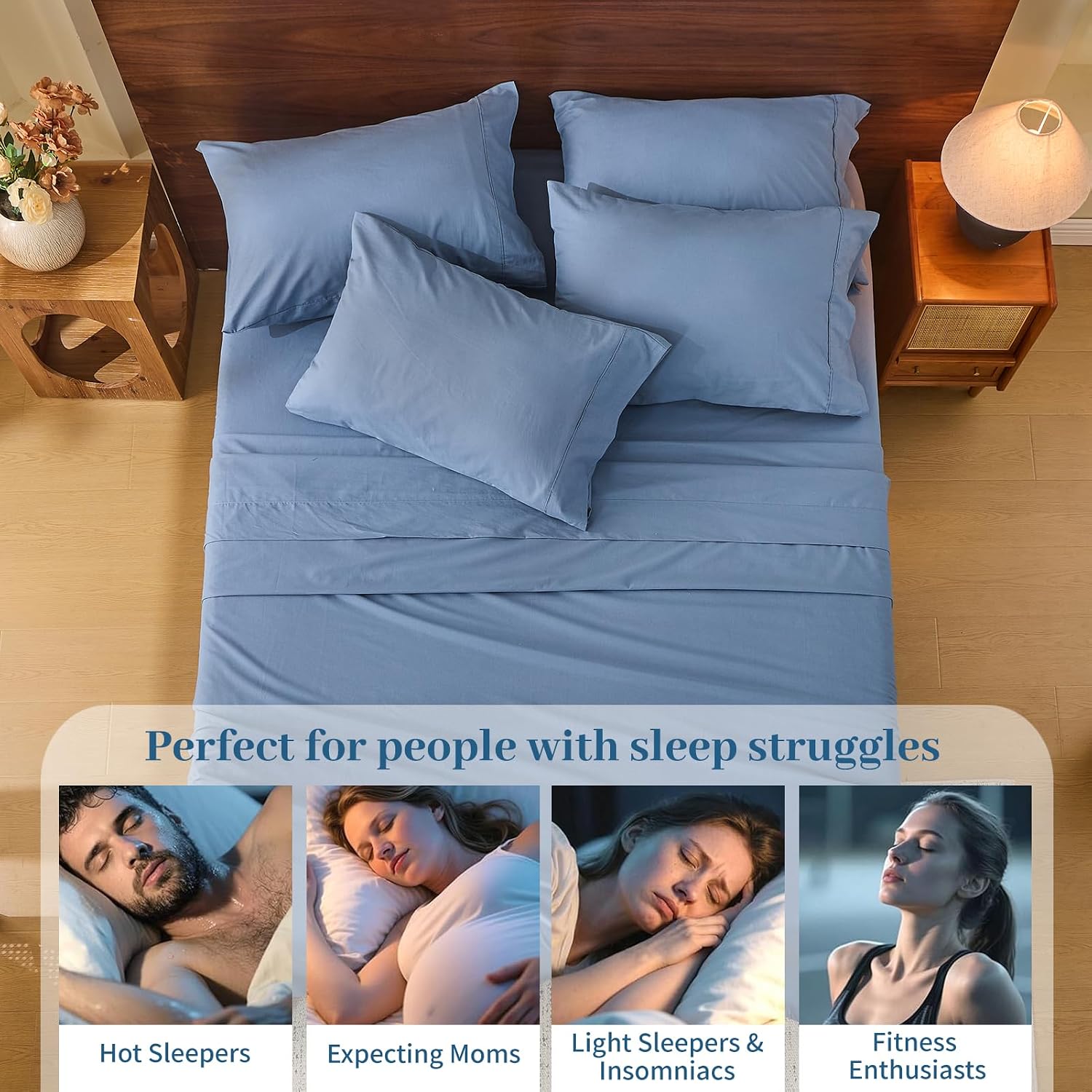 MEISHANG 100% French Pure Linen Sheets King Size - Bed Sheets 4 Piece Sets, Soft Durable Flax Linen, Anti-Tear Breathable Oeko-Tex Certified with 16' Deep Pocket (Dusty Blue)