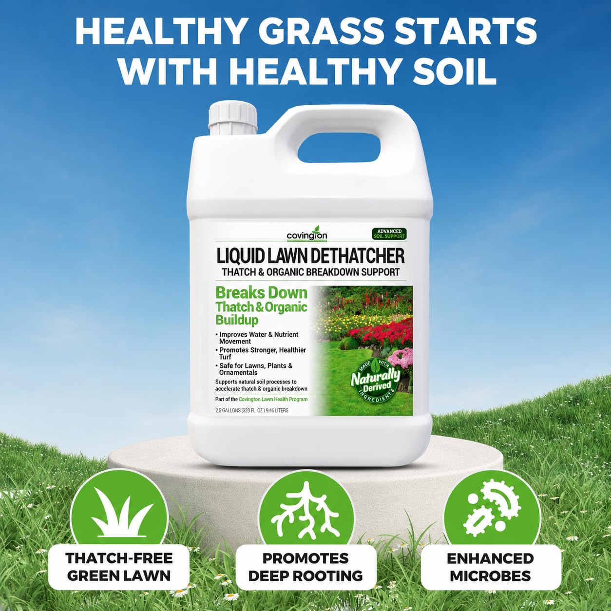 Covington Liquid Lawn Dethatcher (2.5 Gal) – Liquid Aerator Concentrate & Humic Thatch Remover, Soil Softener & Grass Thatch Buster for Lawns & Gardens – Kids & Pet Safe, Made in USA