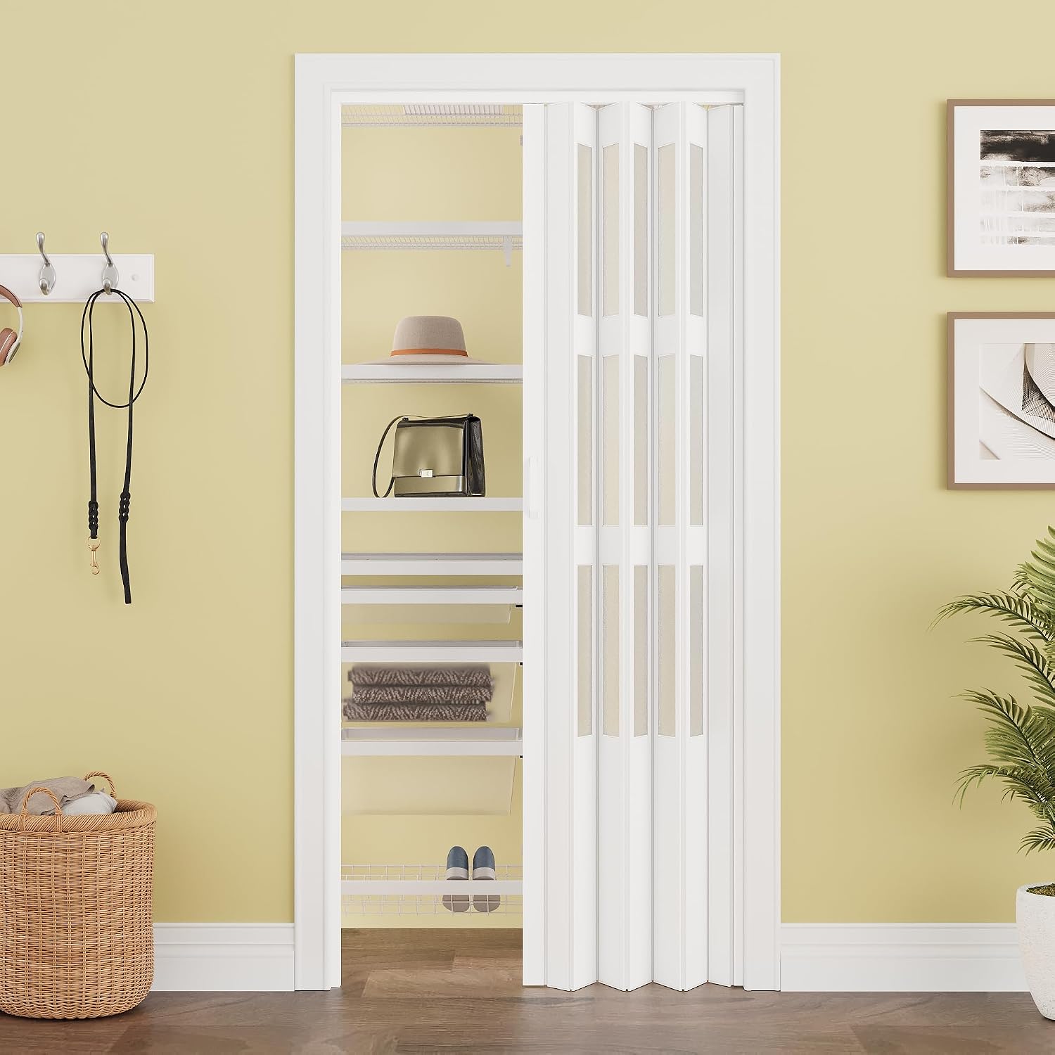 36' x 80' Enhanced Accordion Doors Interior with 3 Frosted Acrylic Panel, Accordion Door for Doorway Hardware Kit Included, PVC Interior Folding Doors with 2 Handles for Closet Bathroom Doorways
