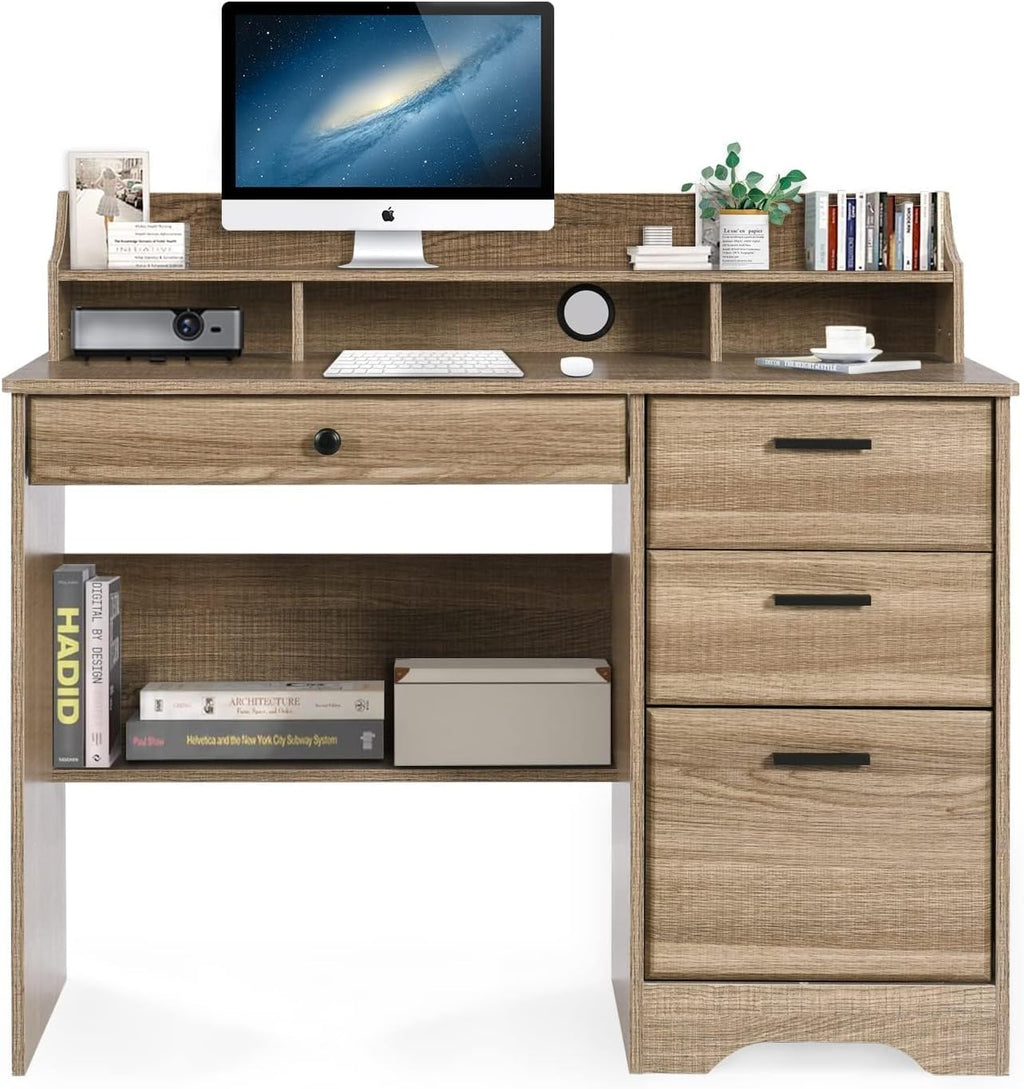 HOMBCK Computer Desk with 4 Drawers and Storage, Small Office Desk with File Drawers and Hutch, Farmhouse Wood Writing Student Table for Home Office, Bedroom, Wooden Grey