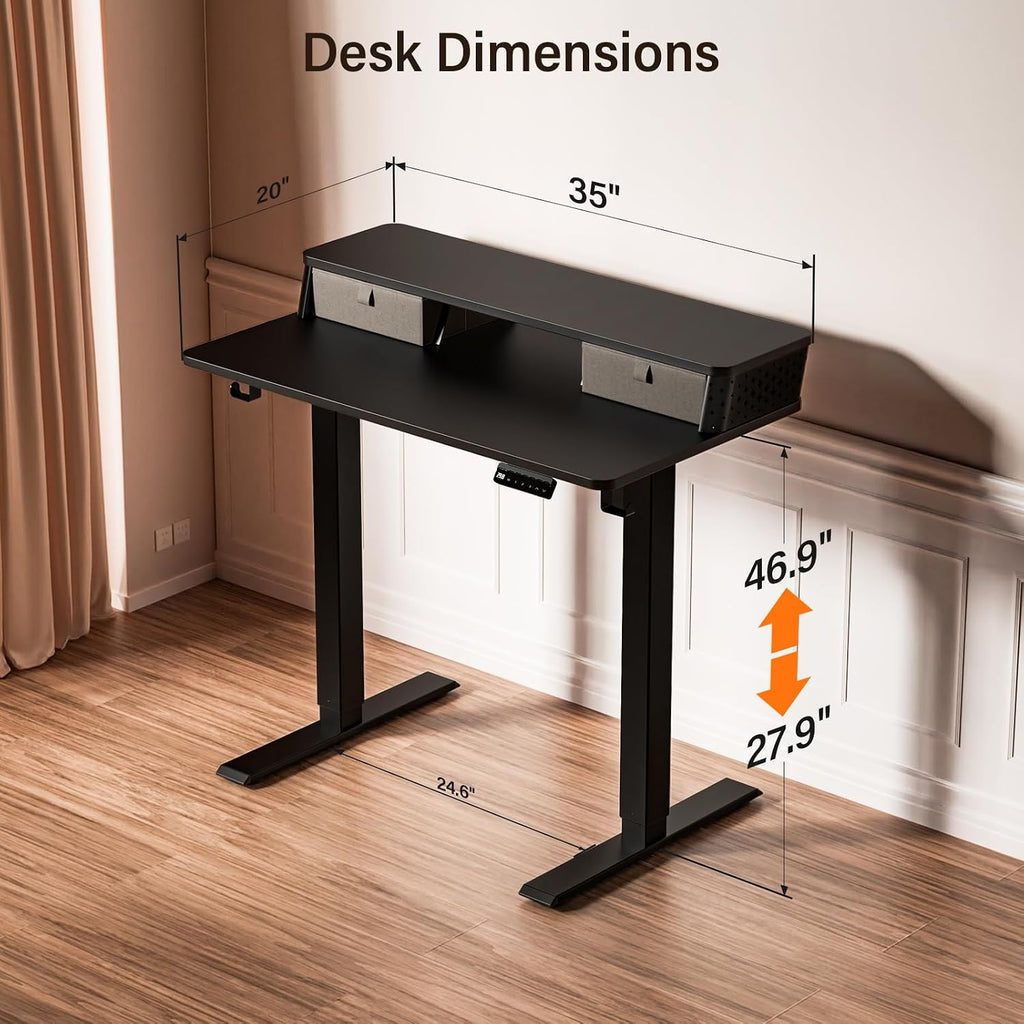 Kingant 35 x 20 Inch Small Electric Standing Desk with Dual Drawers, Height Adjustable Sit to Stand Computer Desk with Storage Shelf and C-Clamp Mount Compatibility for Home Office, Black