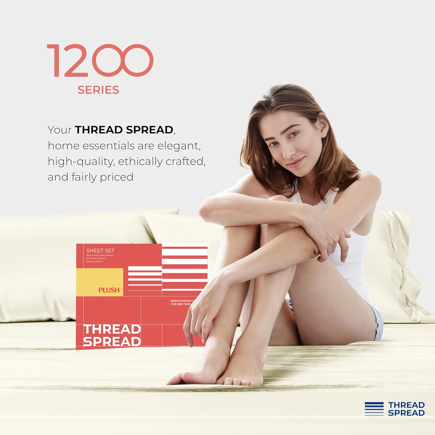 THREAD SPREAD 100% Egyptian Cotton Queen Sheets Set - 1200 Series Plush Collection Luxury Egyptian Cotton Sheets Queen Size Deep Pocket (4 PC, Ivory), Soft, Cooling, Sateen Weave Sheet Set